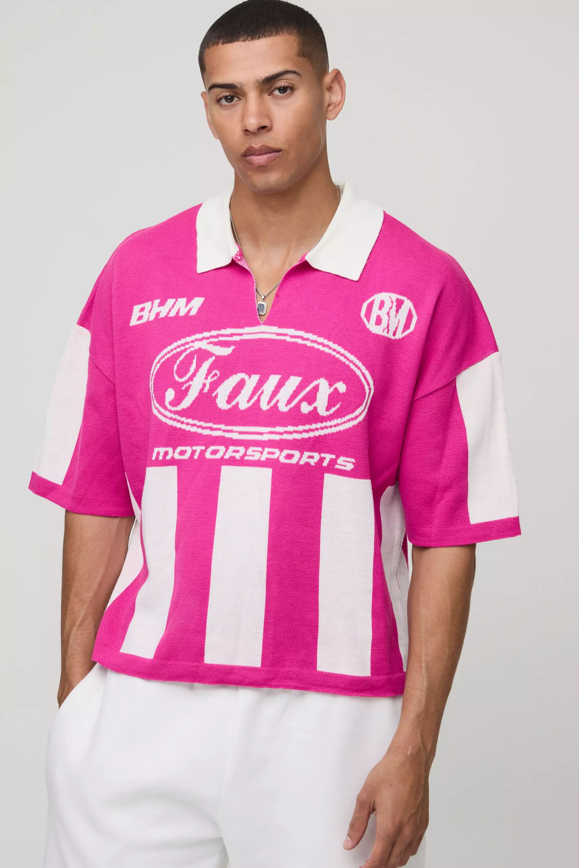 Oversized Boxy Football Knitted Polo Pink