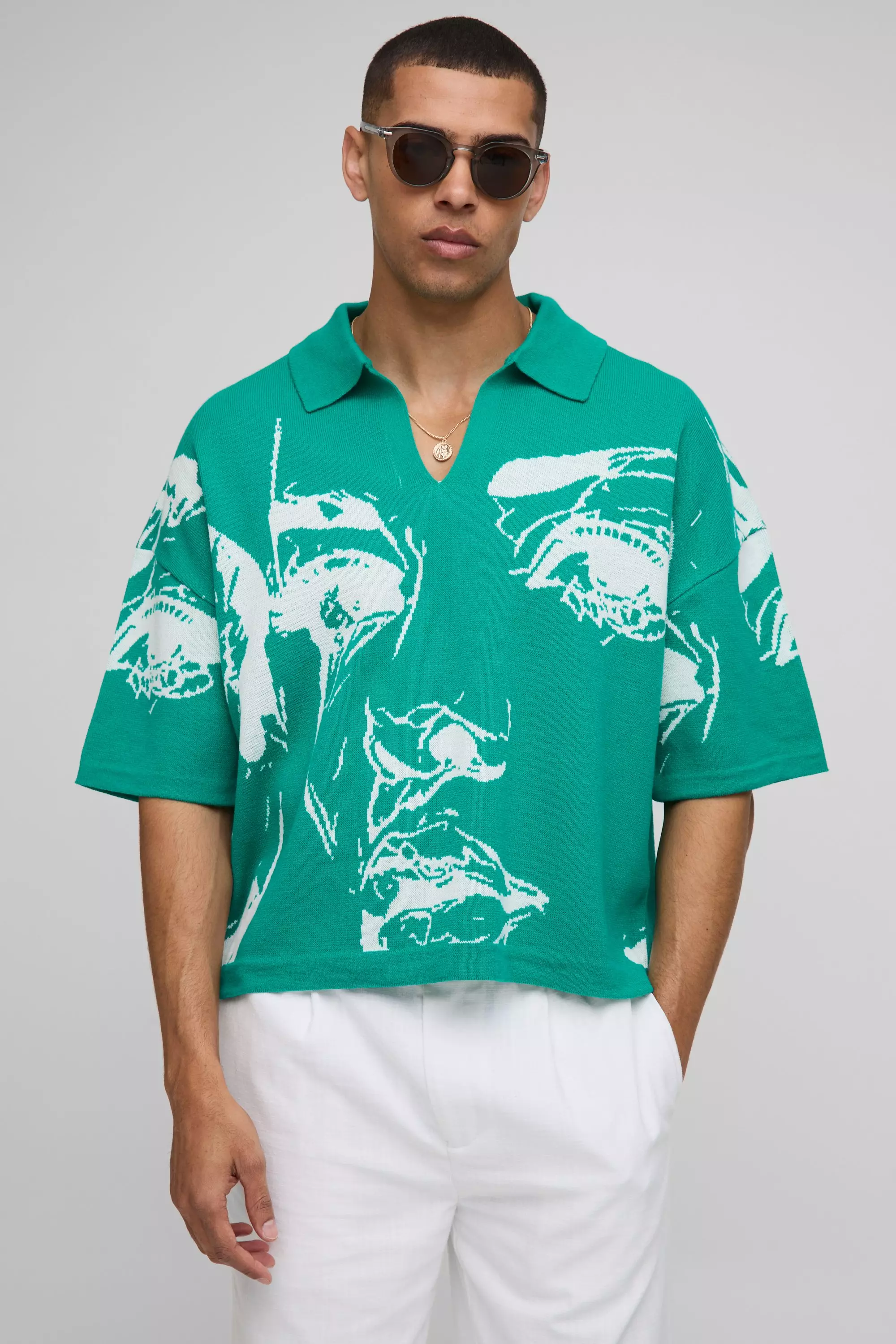 Oversized Boxy Line Drawing Knitted Polo Green