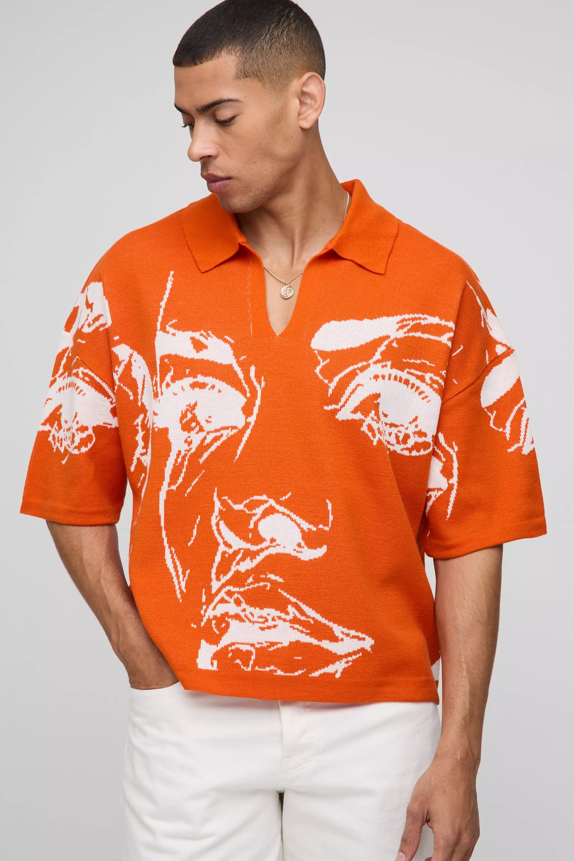 Oversized Boxy Line Drawing Knitted Polo Orange
