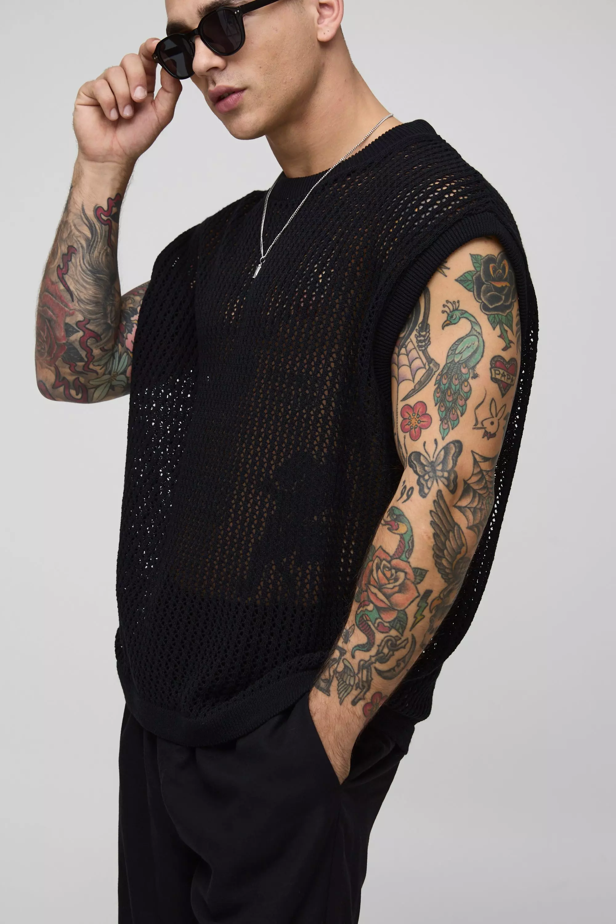 Black Oversized Open Stitch Knitted Tank alternative image