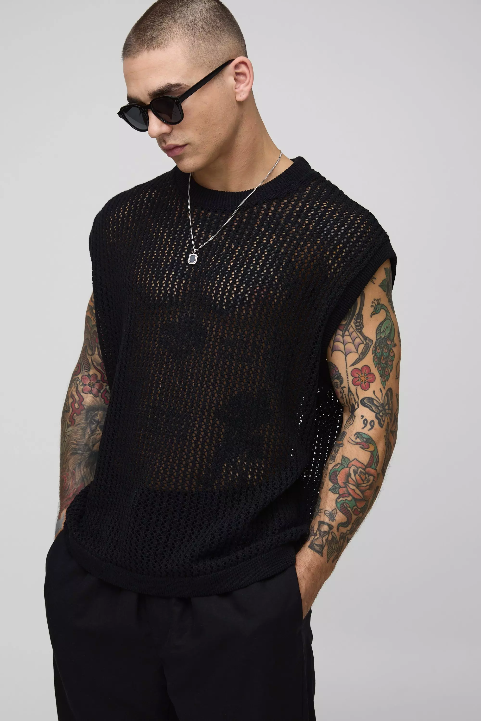 Black Oversized Open Stitch Knitted Tank alternative image