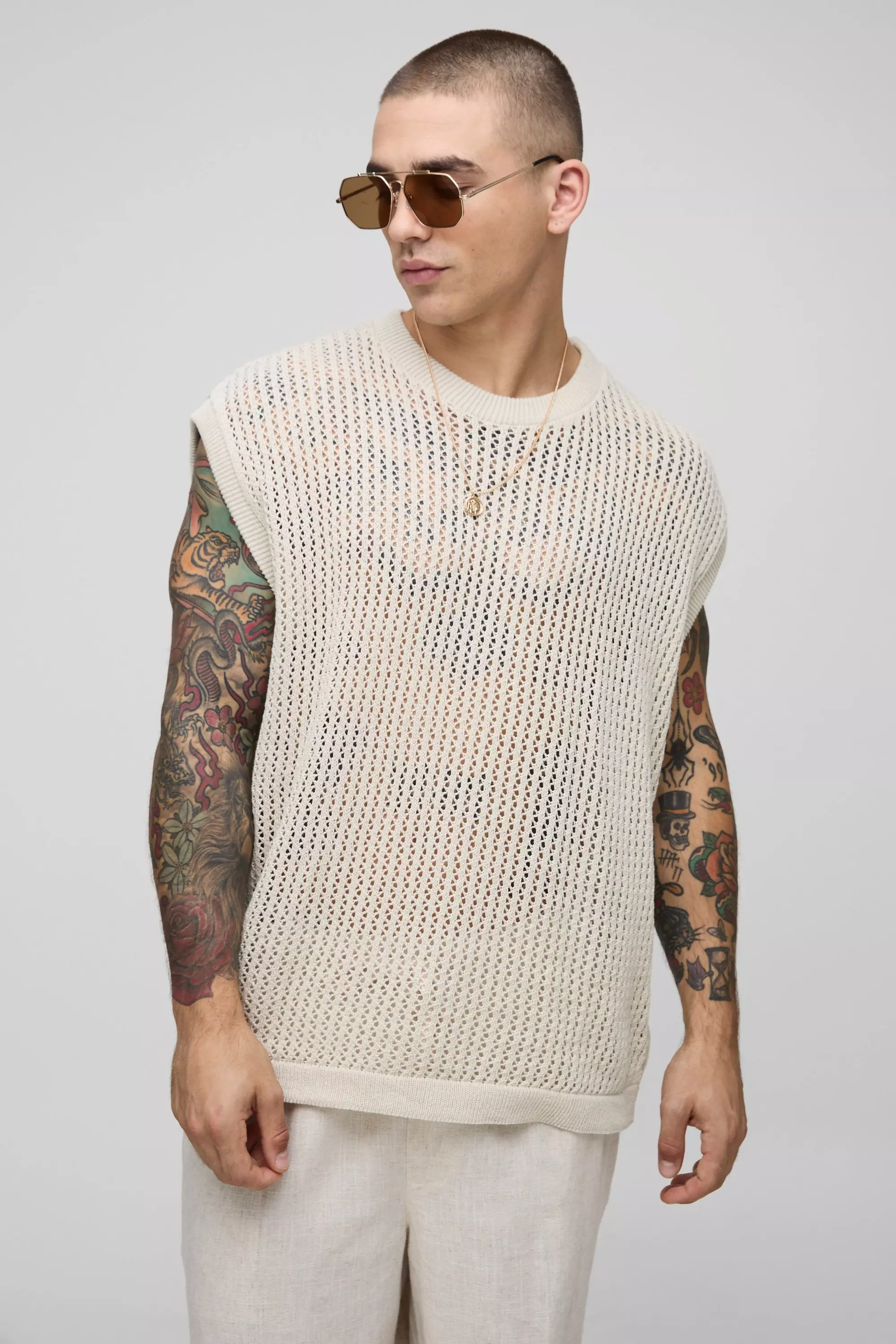 Stone Oversized Open Stitch Knitted Tank alternative image