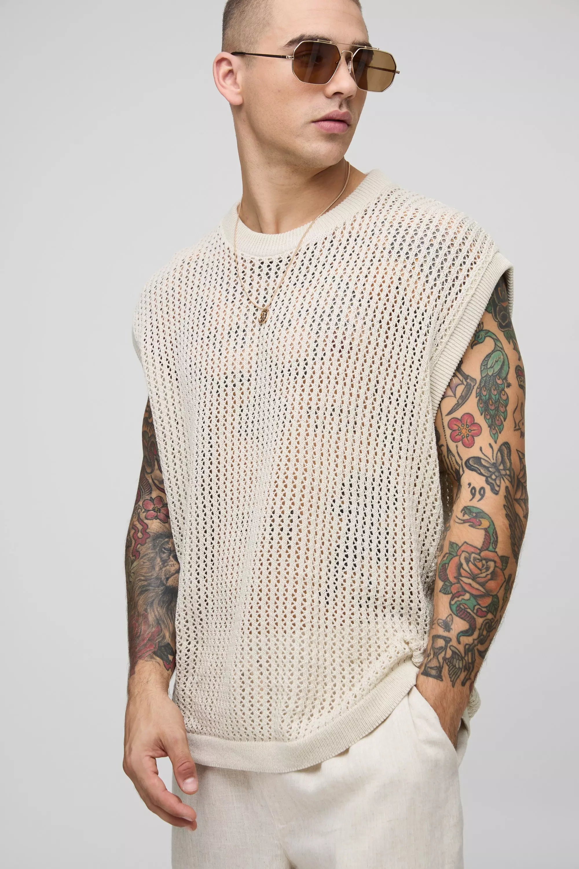 Stone Oversized Open Stitch Knitted Tank alternative image