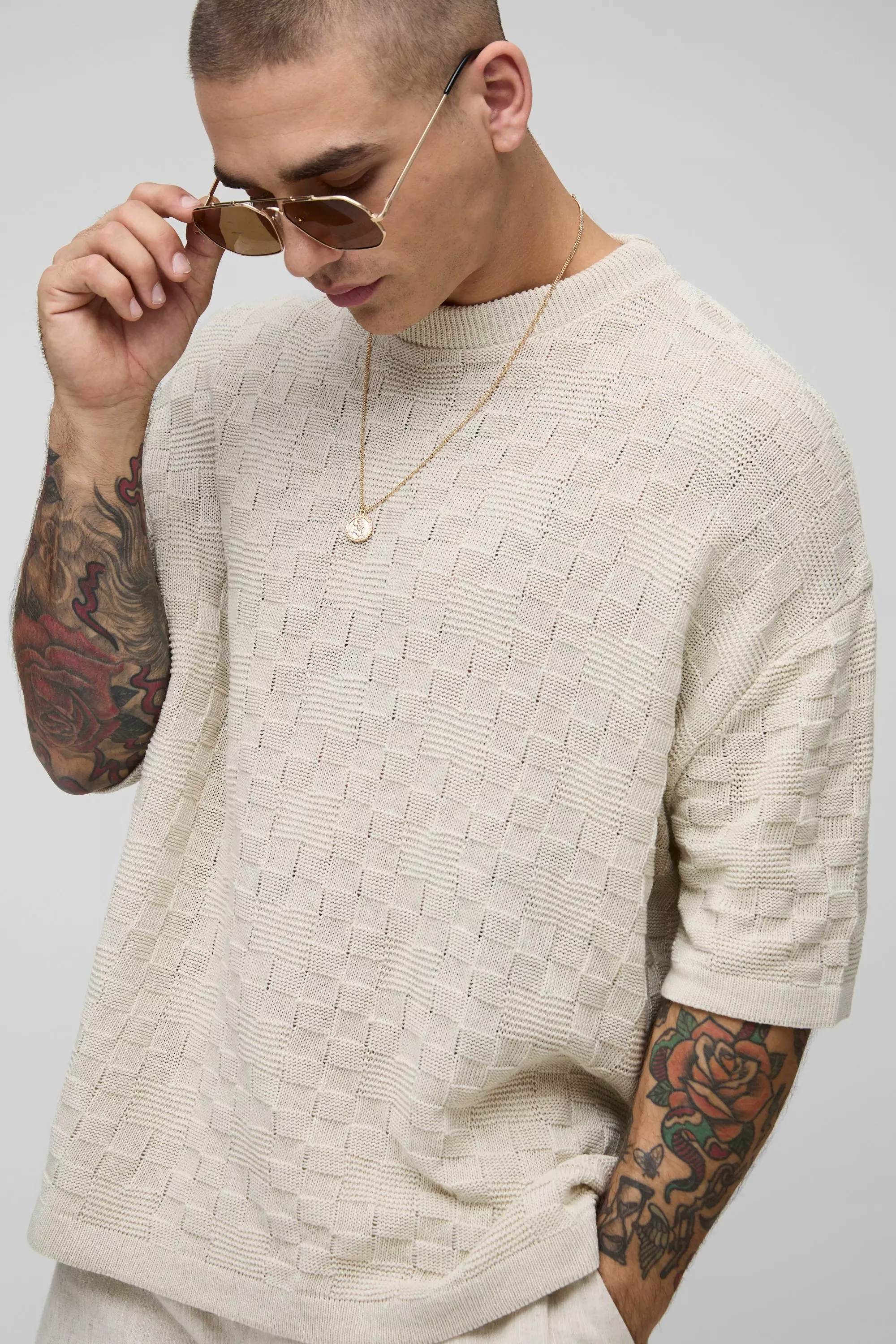 Stone Oversized Geometric Stitch Knitted T-Shirt alternative image