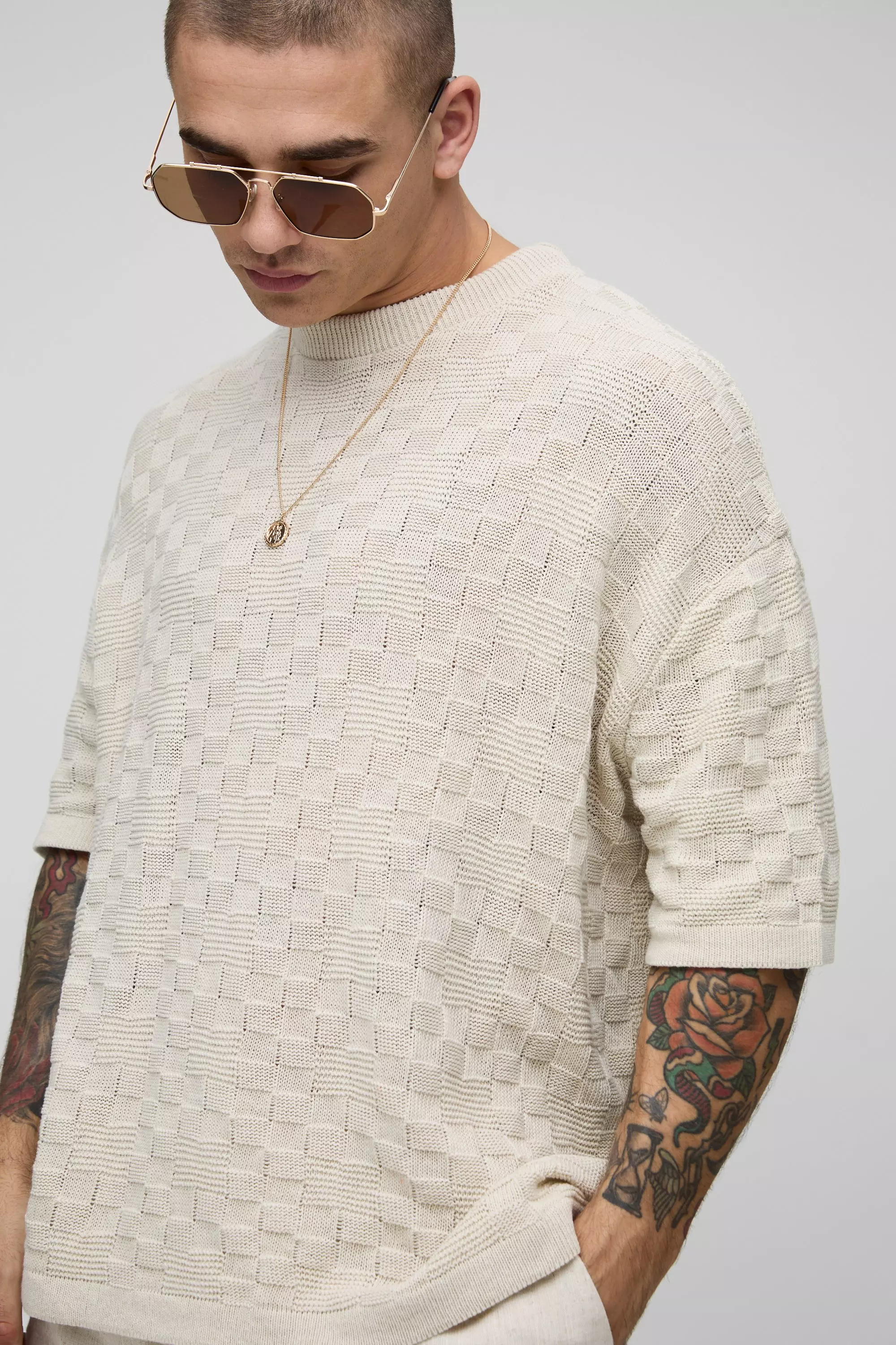 Stone Oversized Geometric Stitch Knitted T-Shirt alternative image