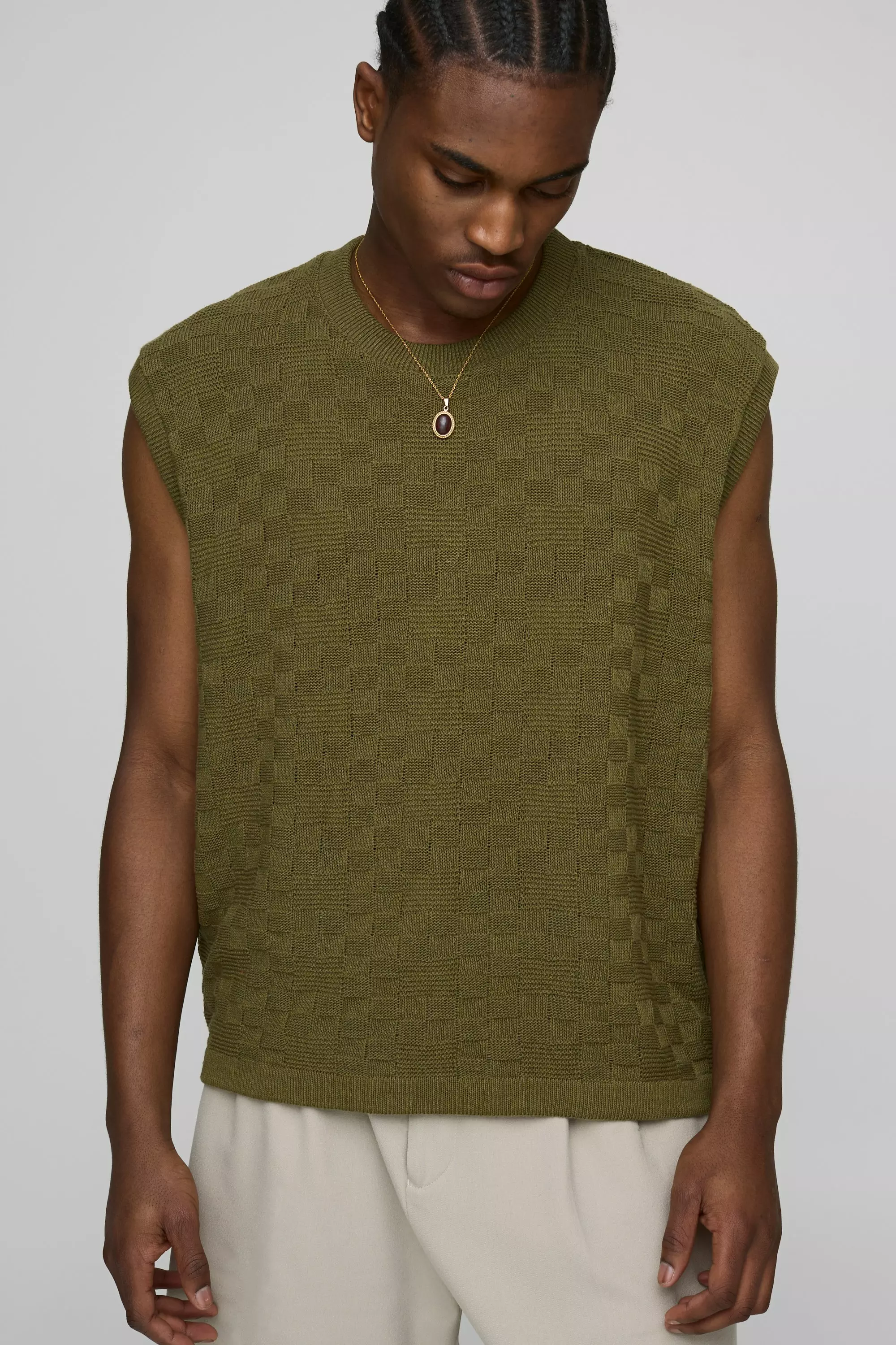 Khaki Oversized Gebreide Tank Top Met Textuur alternatieve afbeelding