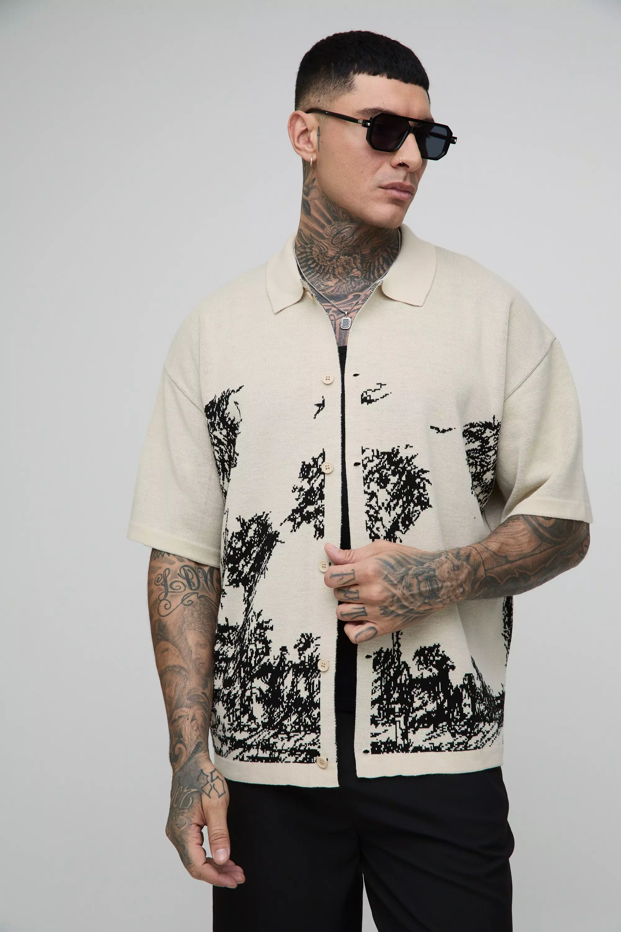 Ecru Tall Relaxed Palm Print Jacquard Knitted Shirt alternative image