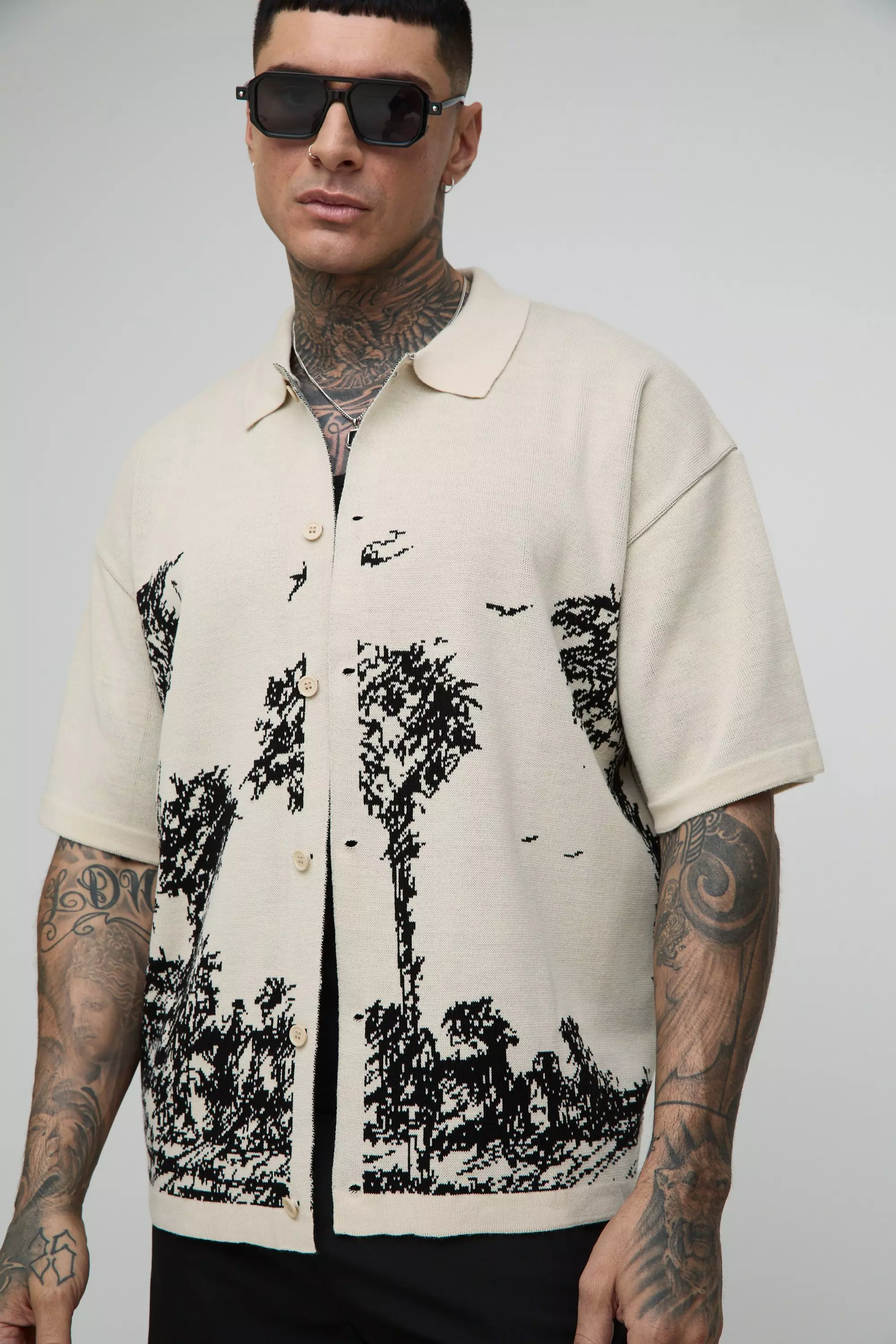 Ecru Tall Relaxed Palm Print Jacquard Knitted Shirt alternative image