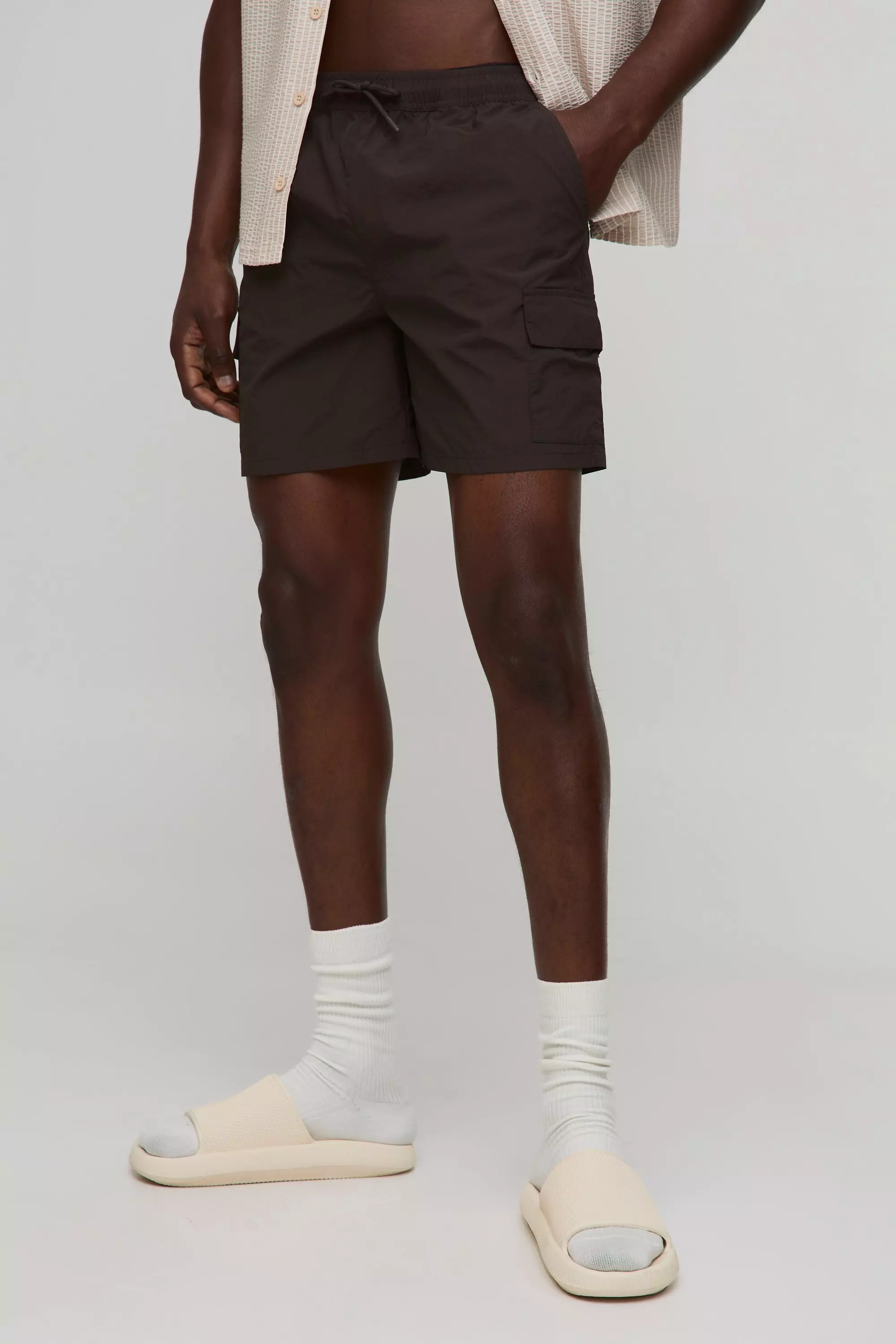 Regular Mid Length Cargo Crinkle Ripstop Swim Short Chocolate