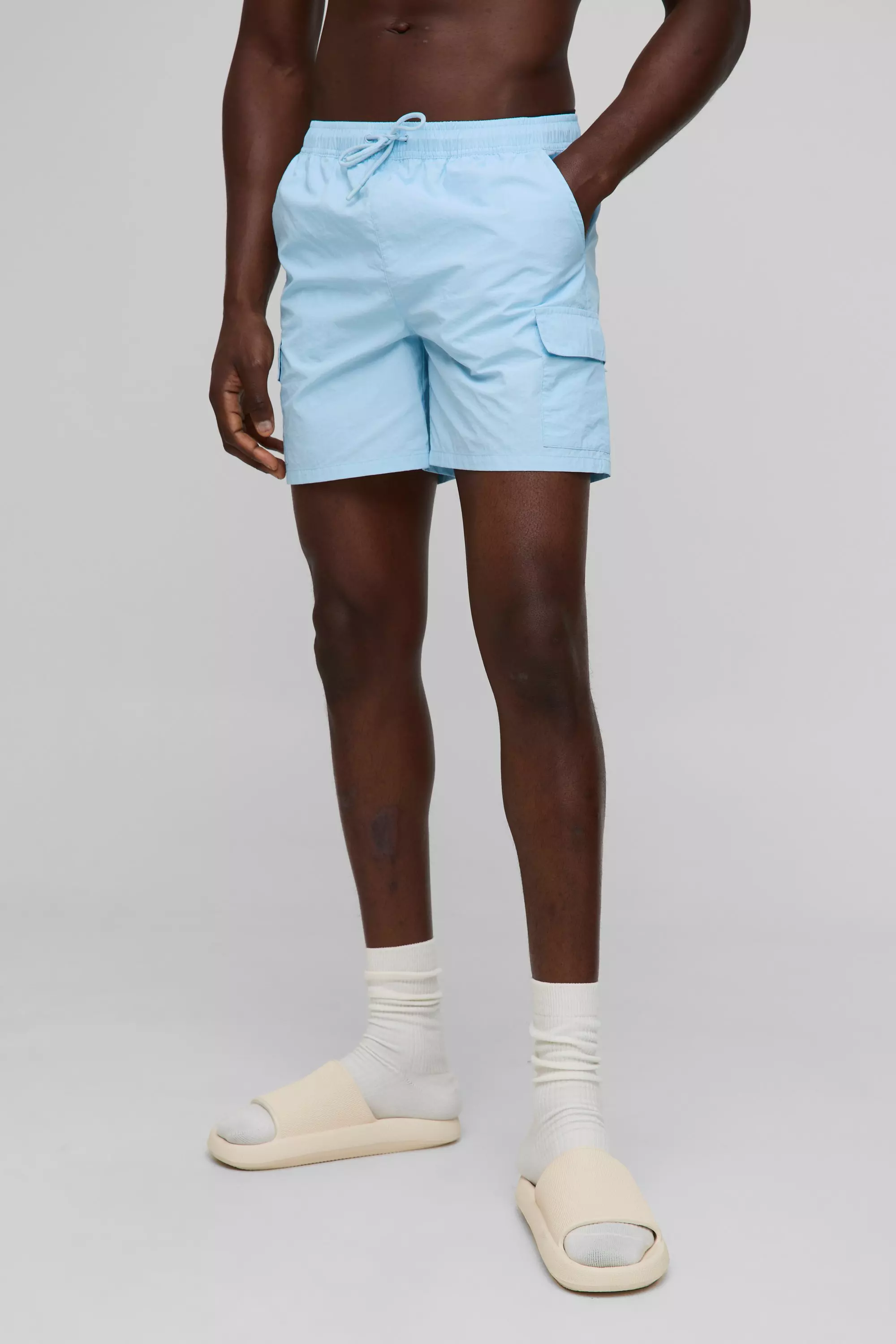 Blue Regular Mid Length Cargo Crinkle Ripstop Swim Short