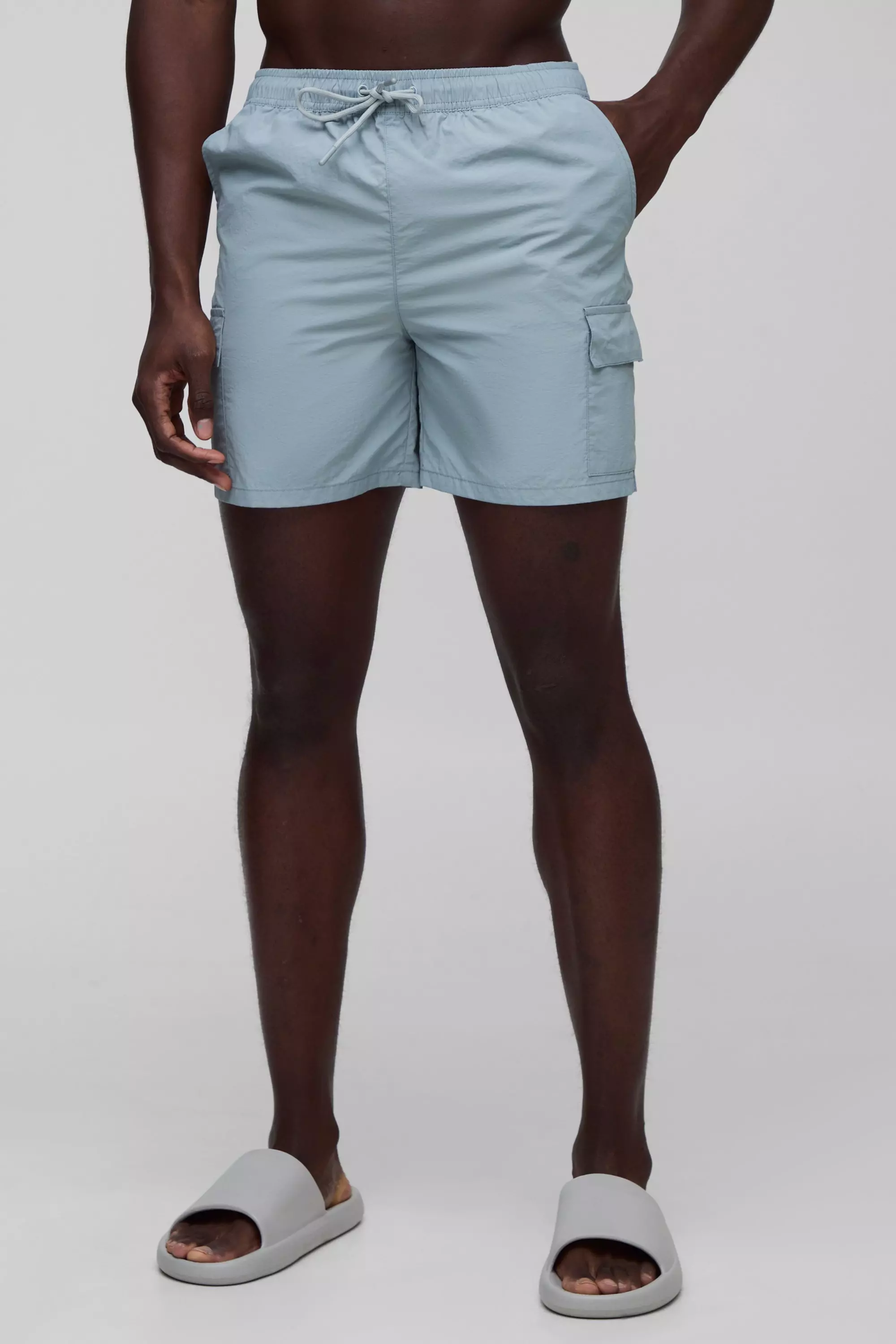 Regular Mid Length Cargo Crinkle Ripstop Swim Short Light grey