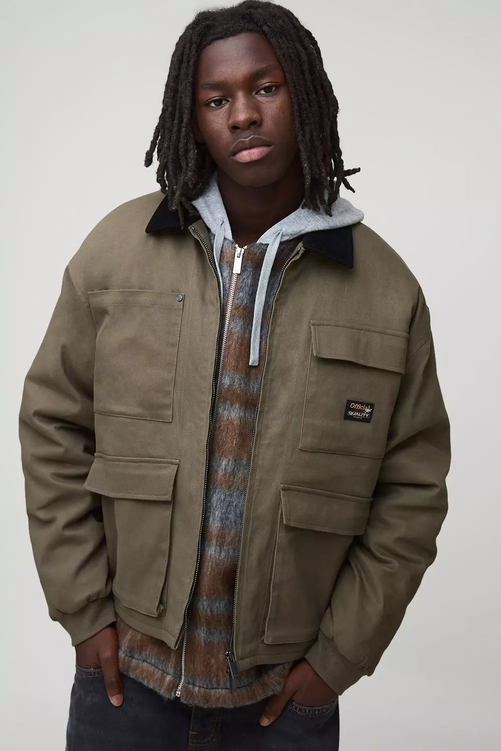 Oversized Boxy Overdyed Cargo Quilted Denim Jacket | boohooMAN USA