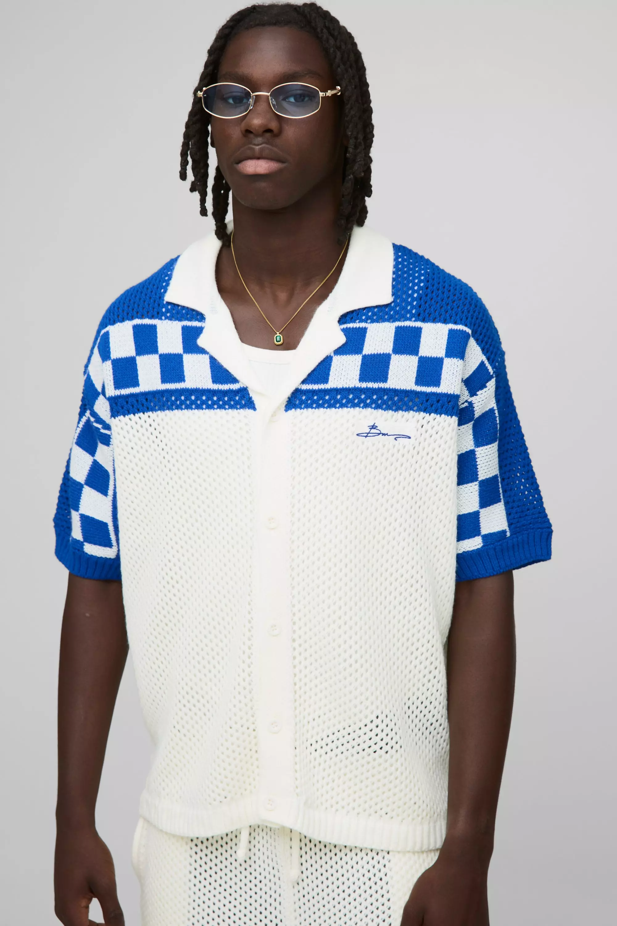 Oversized Boxy Crochet Checkered Shirt Blue