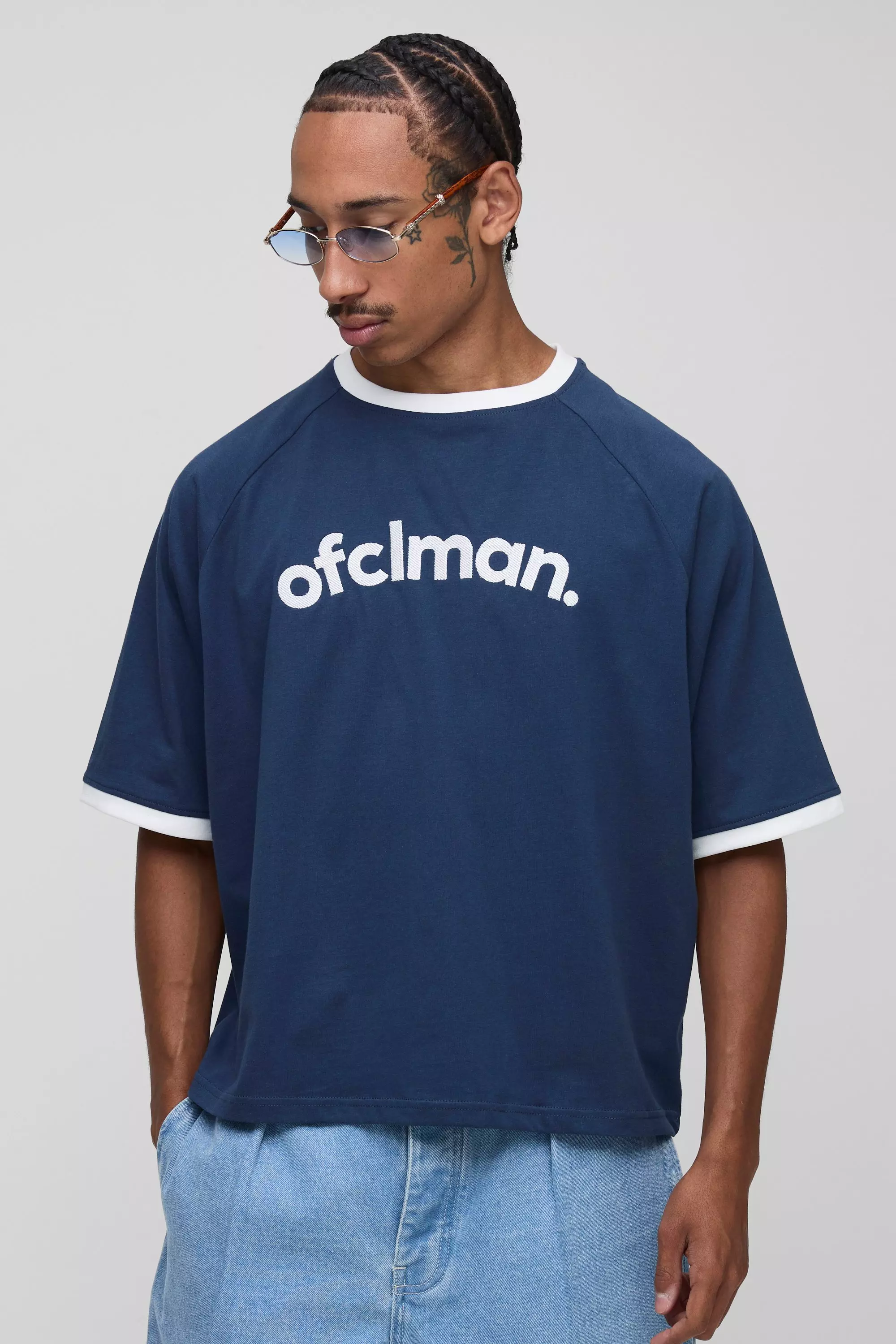 Oversized Shrunken Boxy Embroidered Raglan Ringer T-Shirt Navy