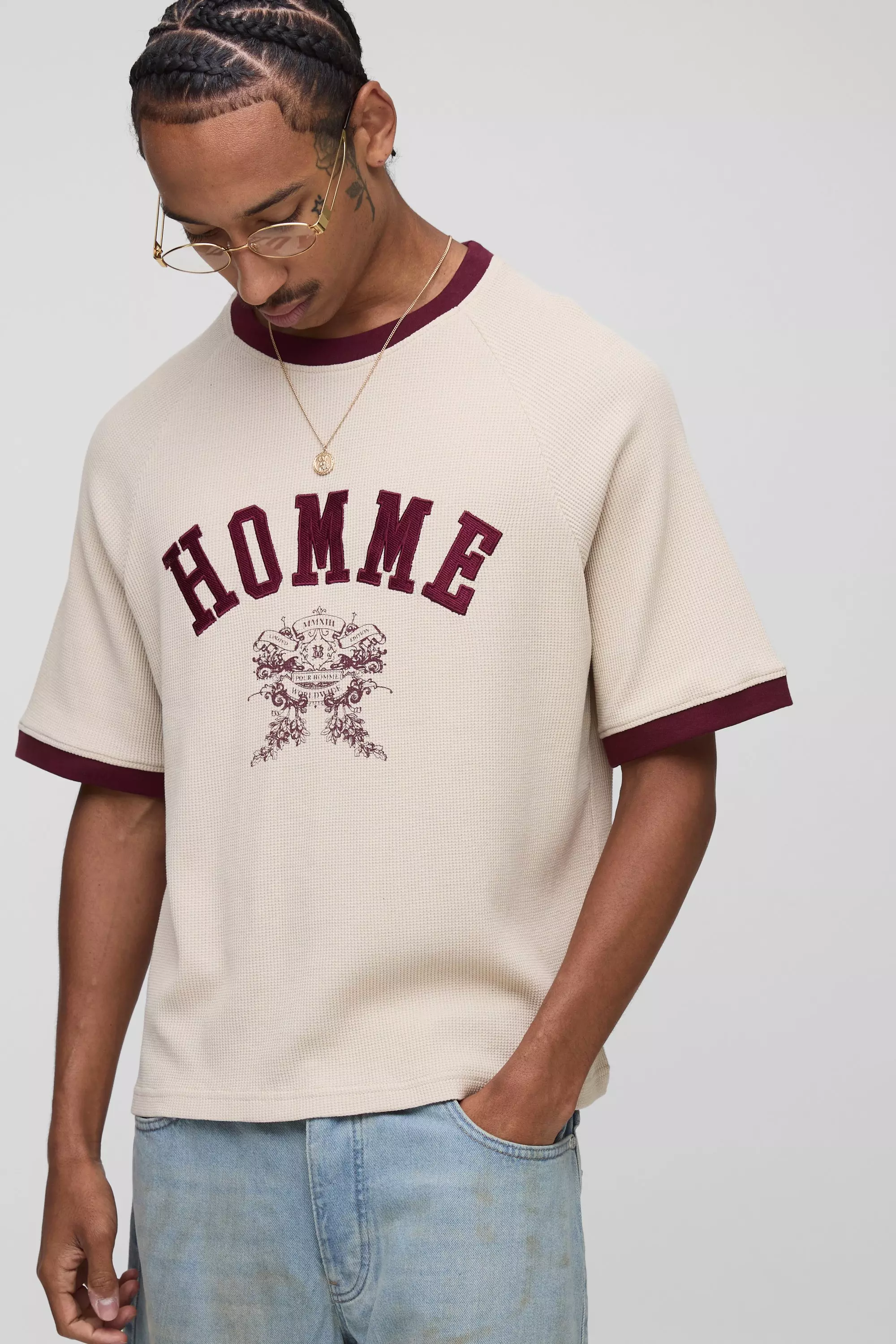 Stone Beige Boxy Fit Homme Embroidered Raglan Ringer Waffle T-Shirt