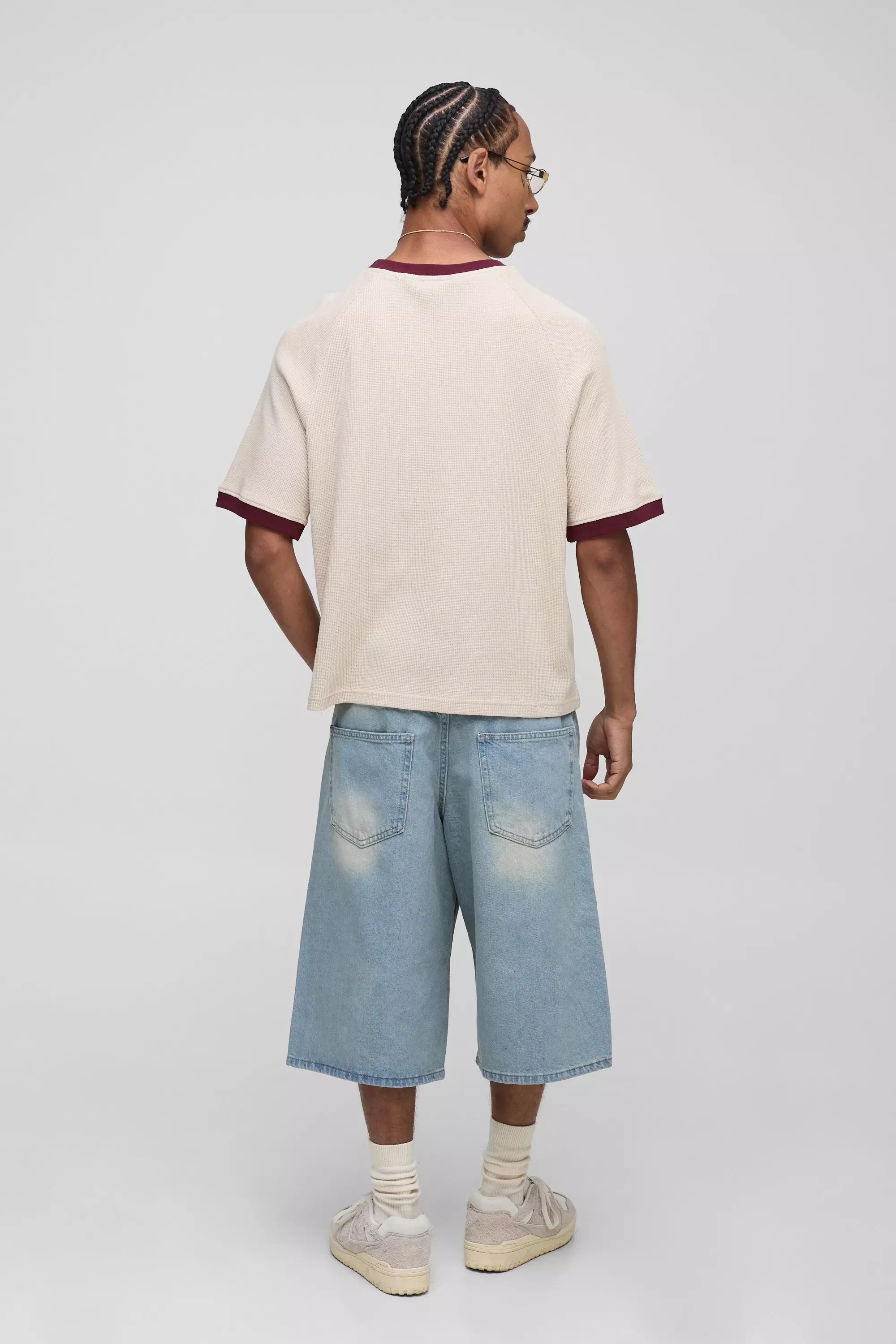 Boxy Fit Homme Embroidered Raglan Ringer Waffle T-Shirt | boohooMAN UK
