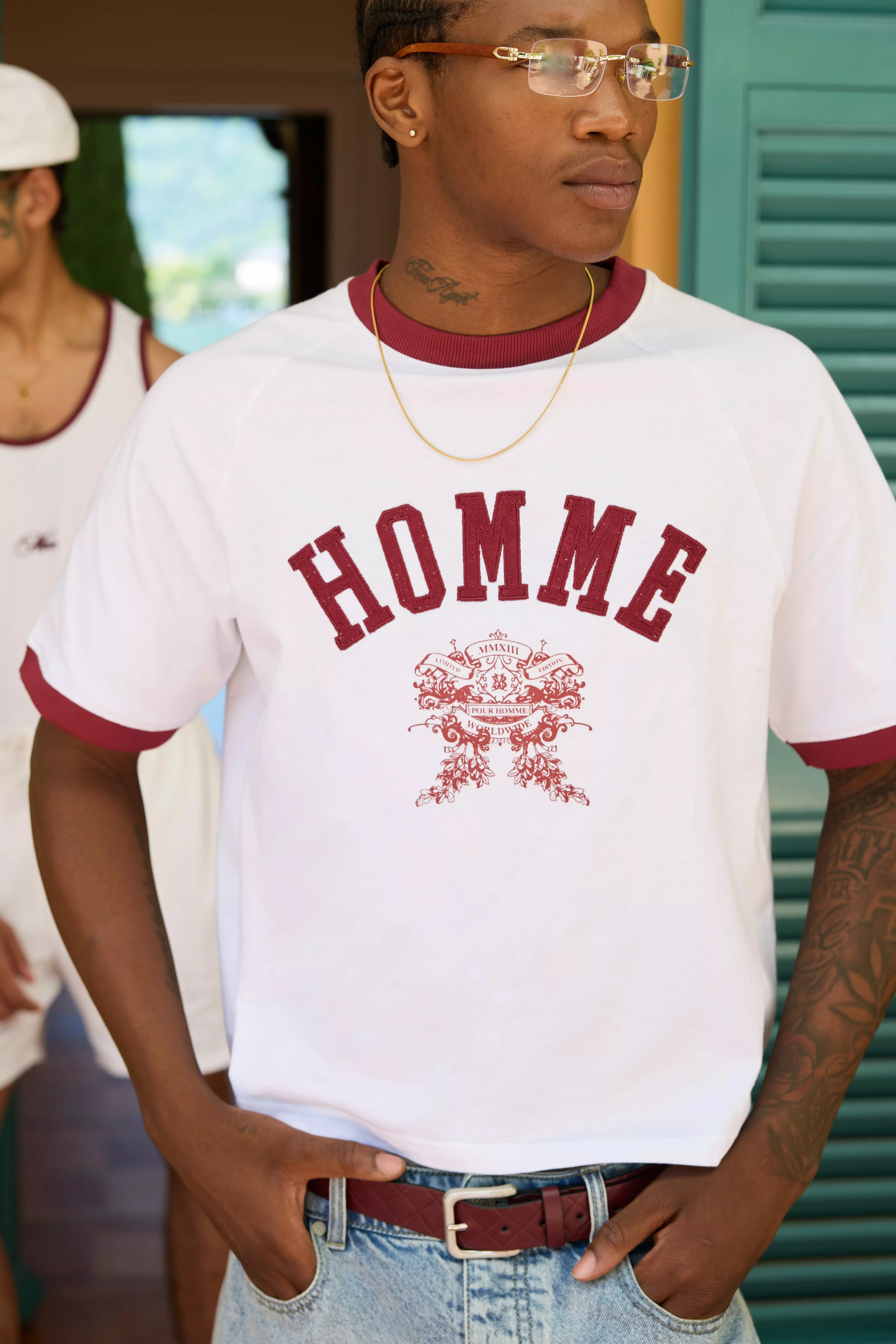 Boxy Fit Homme Embroidered Raglan Ringer Waffle T-Shirt White