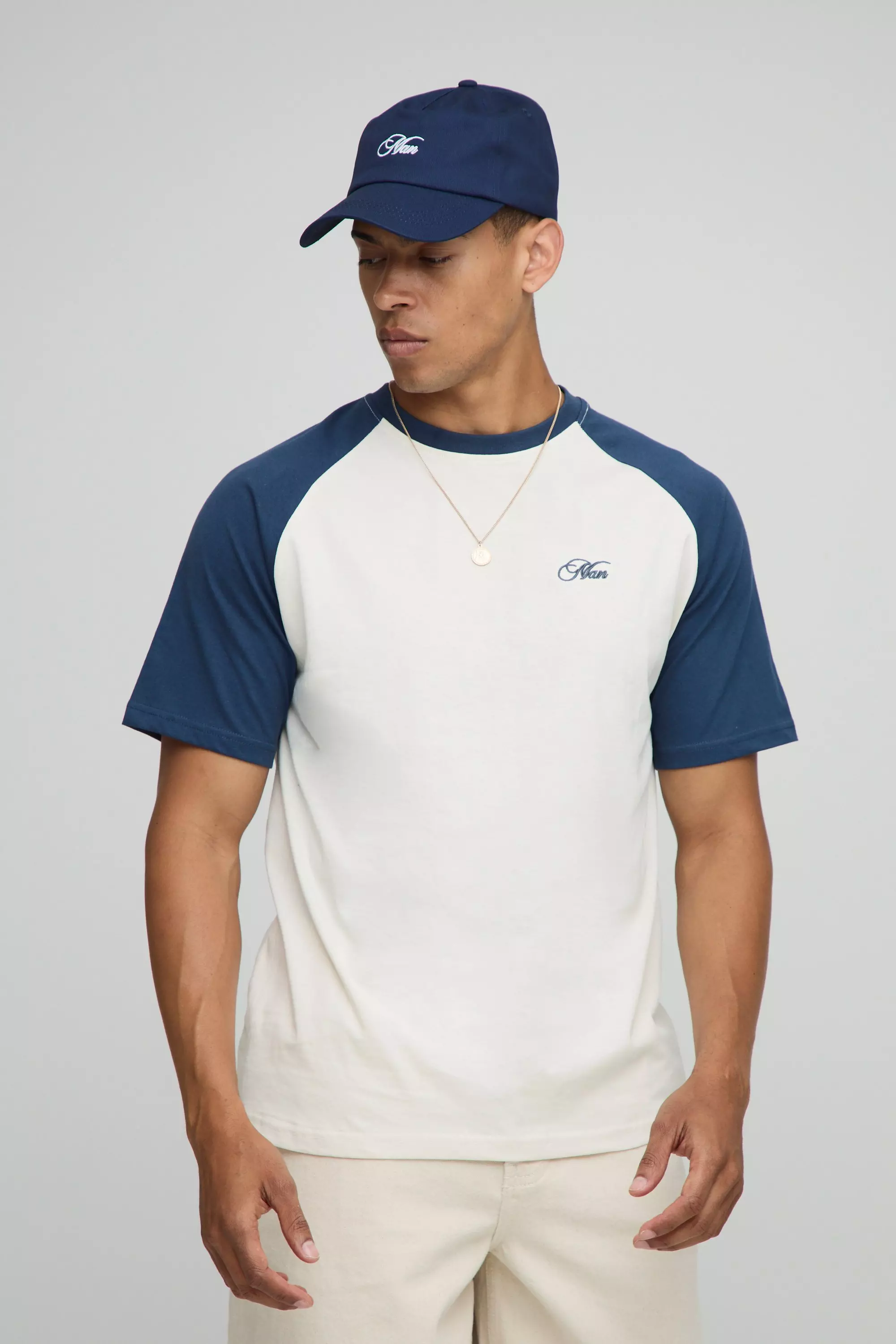 Regular Fit Man Script Embroidered Raglan T-Shirt Ecru