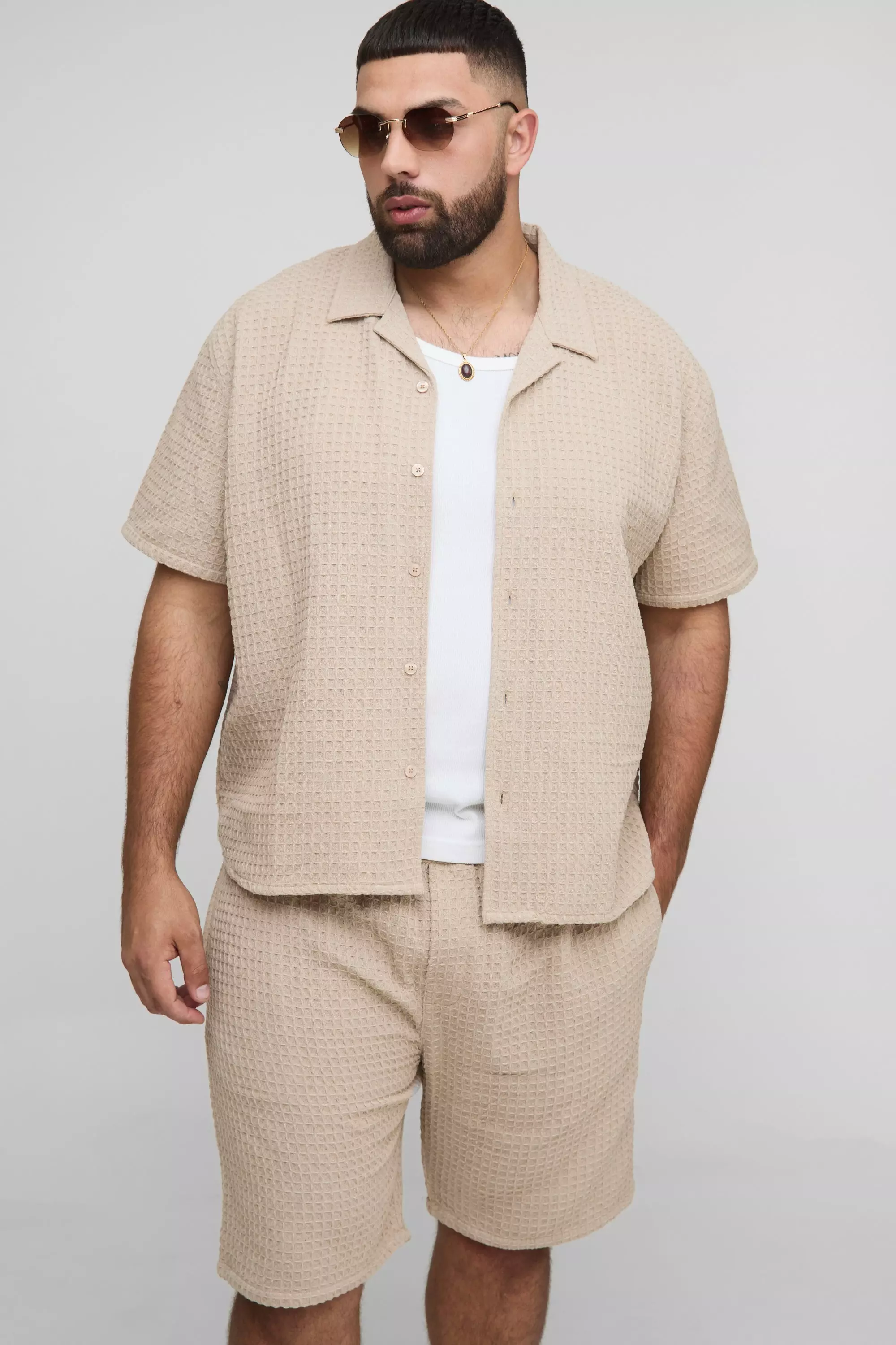 Plus Oversized Jumbo Waffle Revere Shirt and Shorts Set | boohooMAN USA