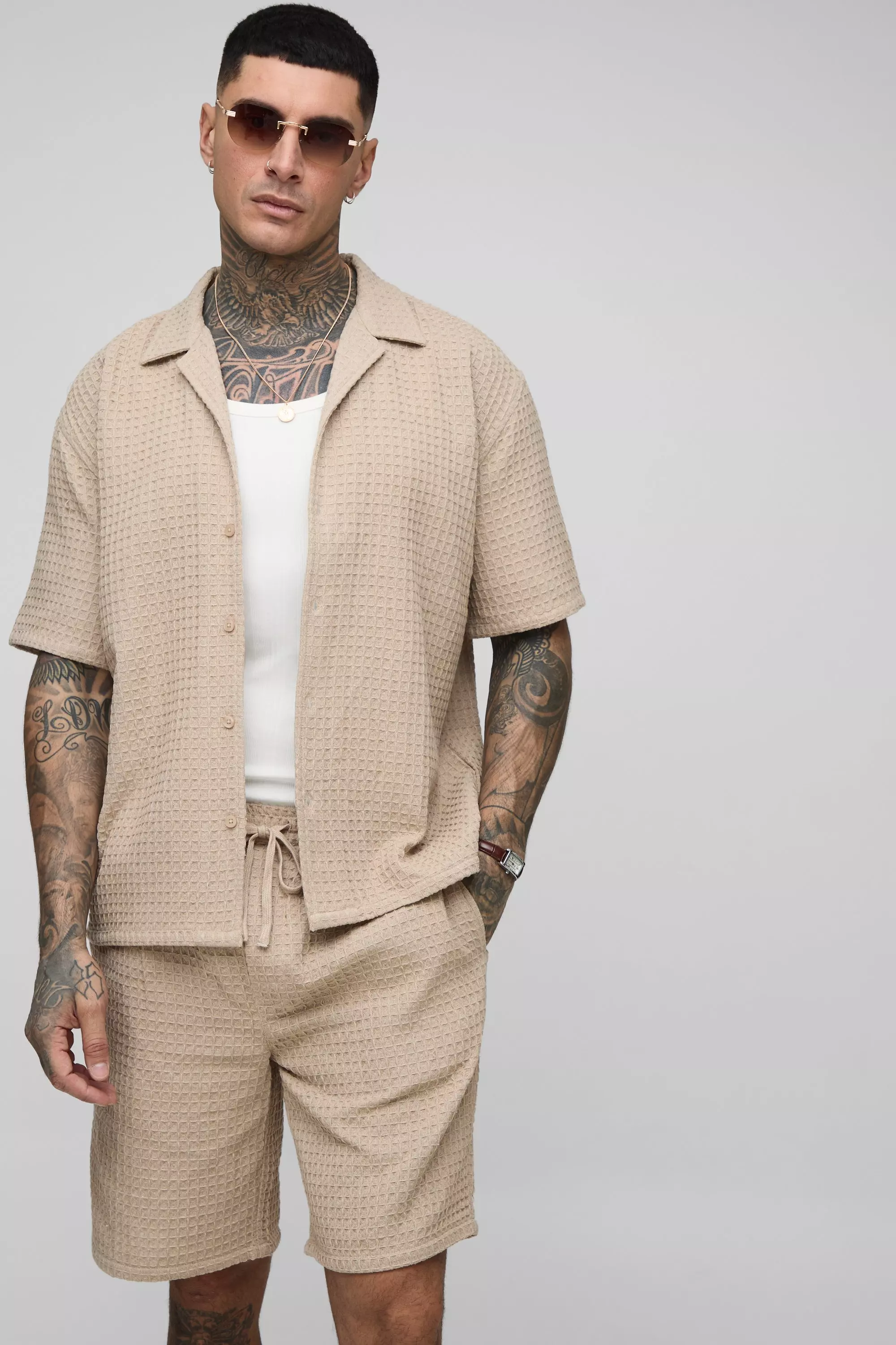 Tall Oversized Jumbo Waffle Revere Shirt and Shorts Set Stone