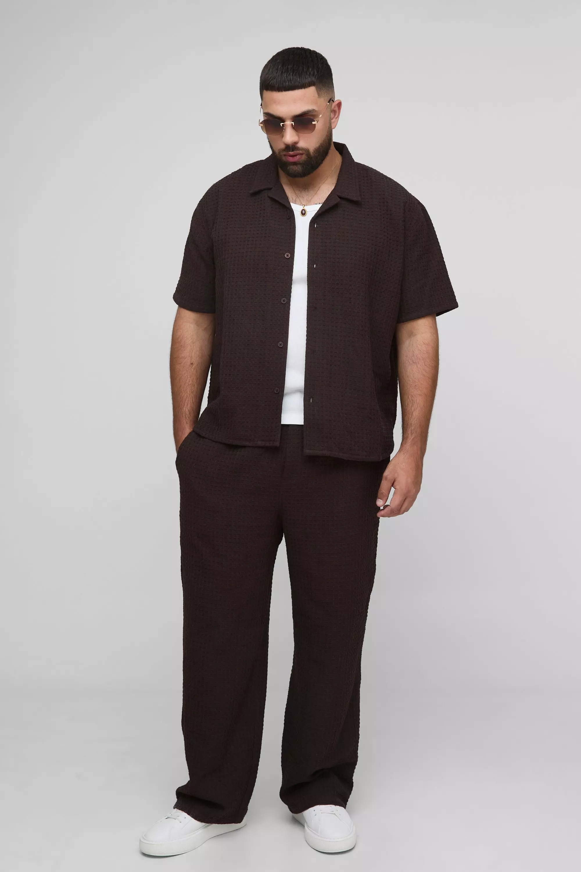 Plus Oversized Jumbo Waffle Revere Shirt and Relaxed Trouser Set Brown