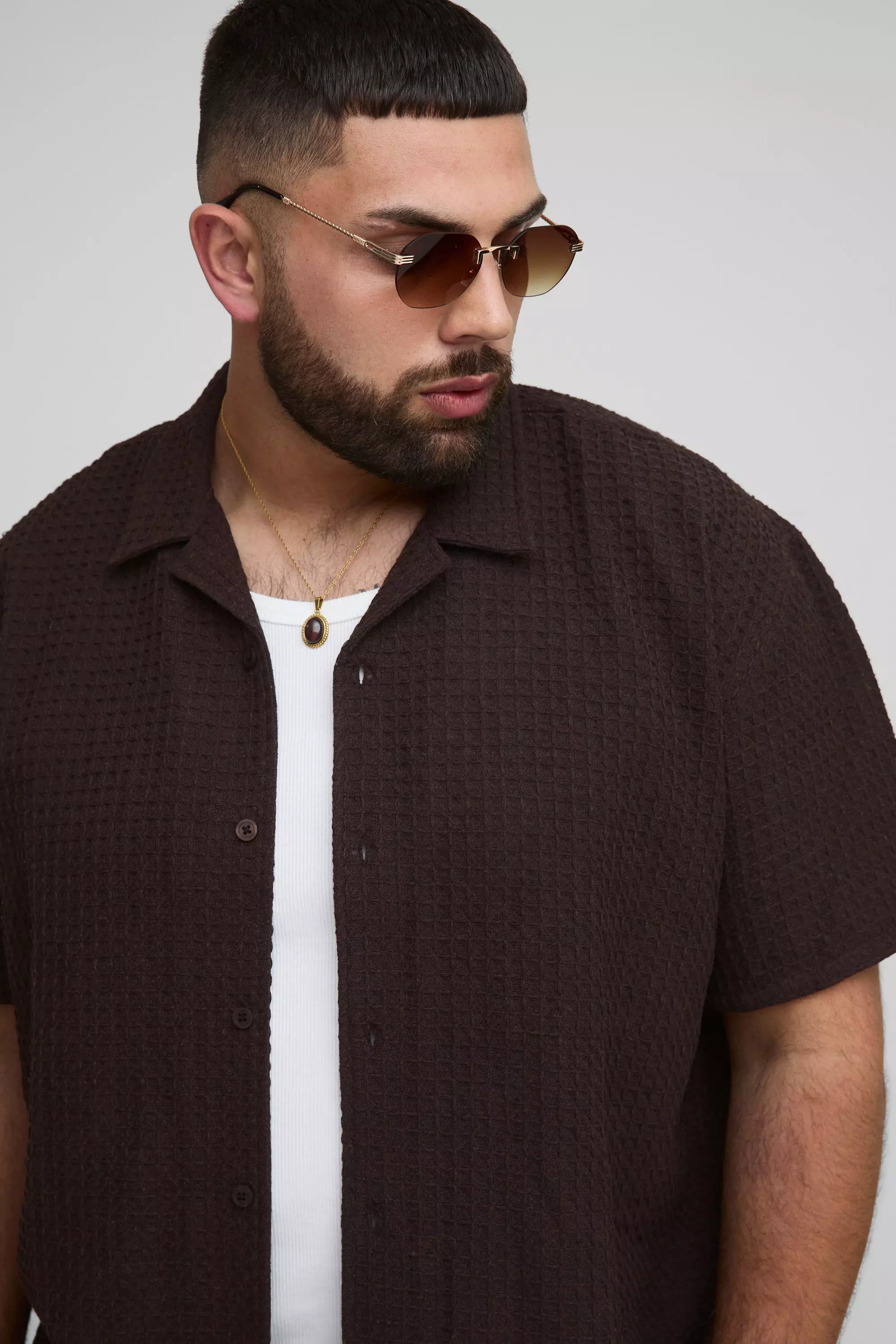 Plus Oversized Jumbo Waffle Revere Shirt and Relaxed Trouser Set | boohooMAN UK