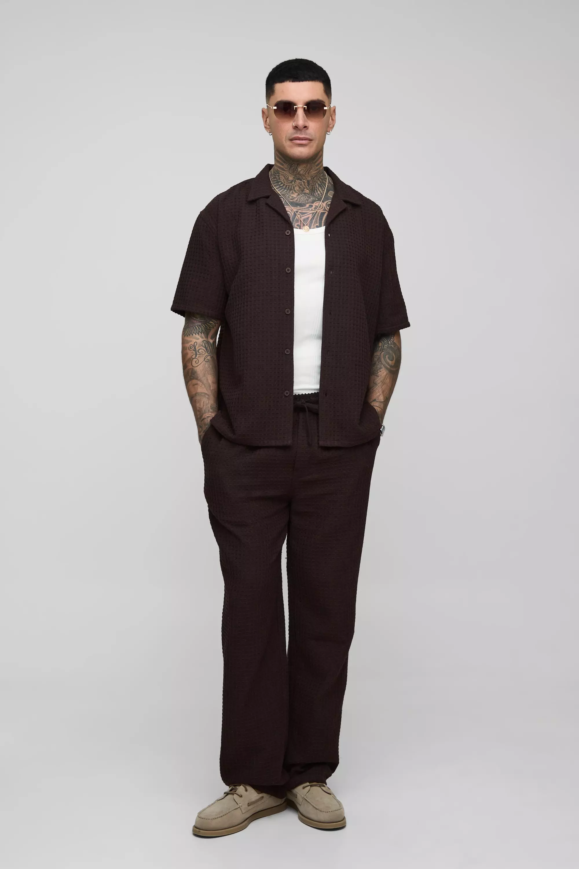 Tall Oversized Jumbo Waffle Revere Shirt and Relaxed Trouser Set Brown