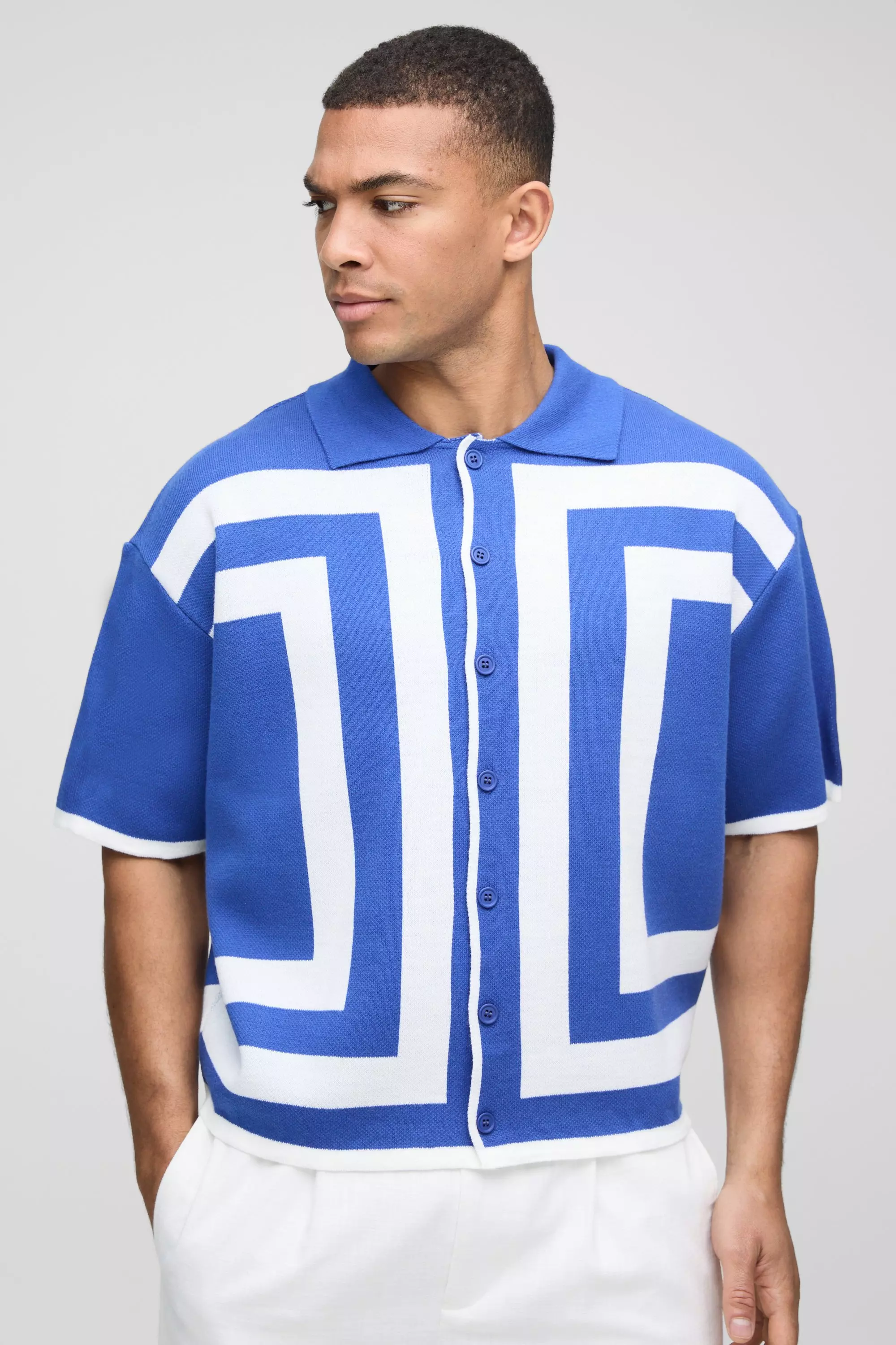 Cobalt Oversized Boxy Border Knitted Shirt alternative image