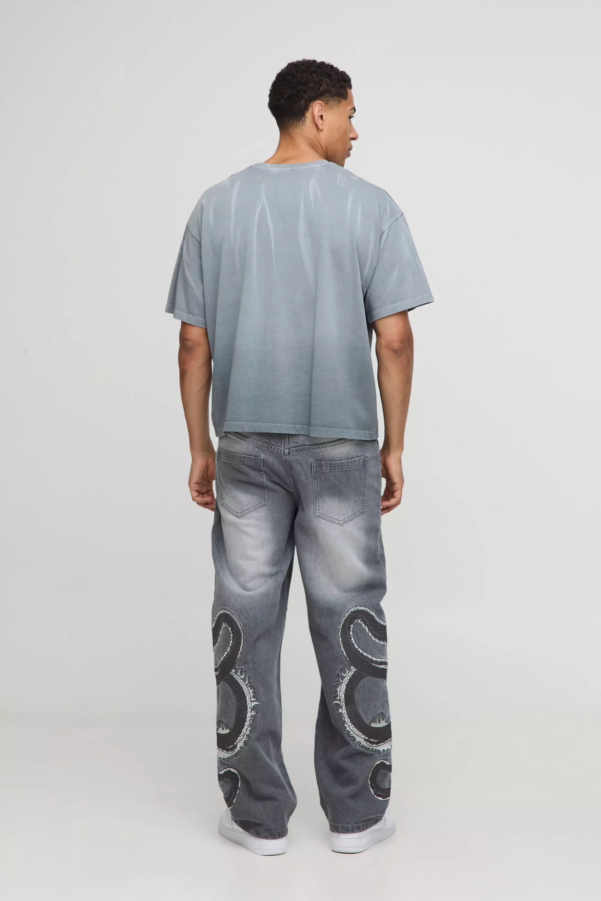 Relaxed Fit Snake Embroidery Washed Jeans | boohooMAN USA