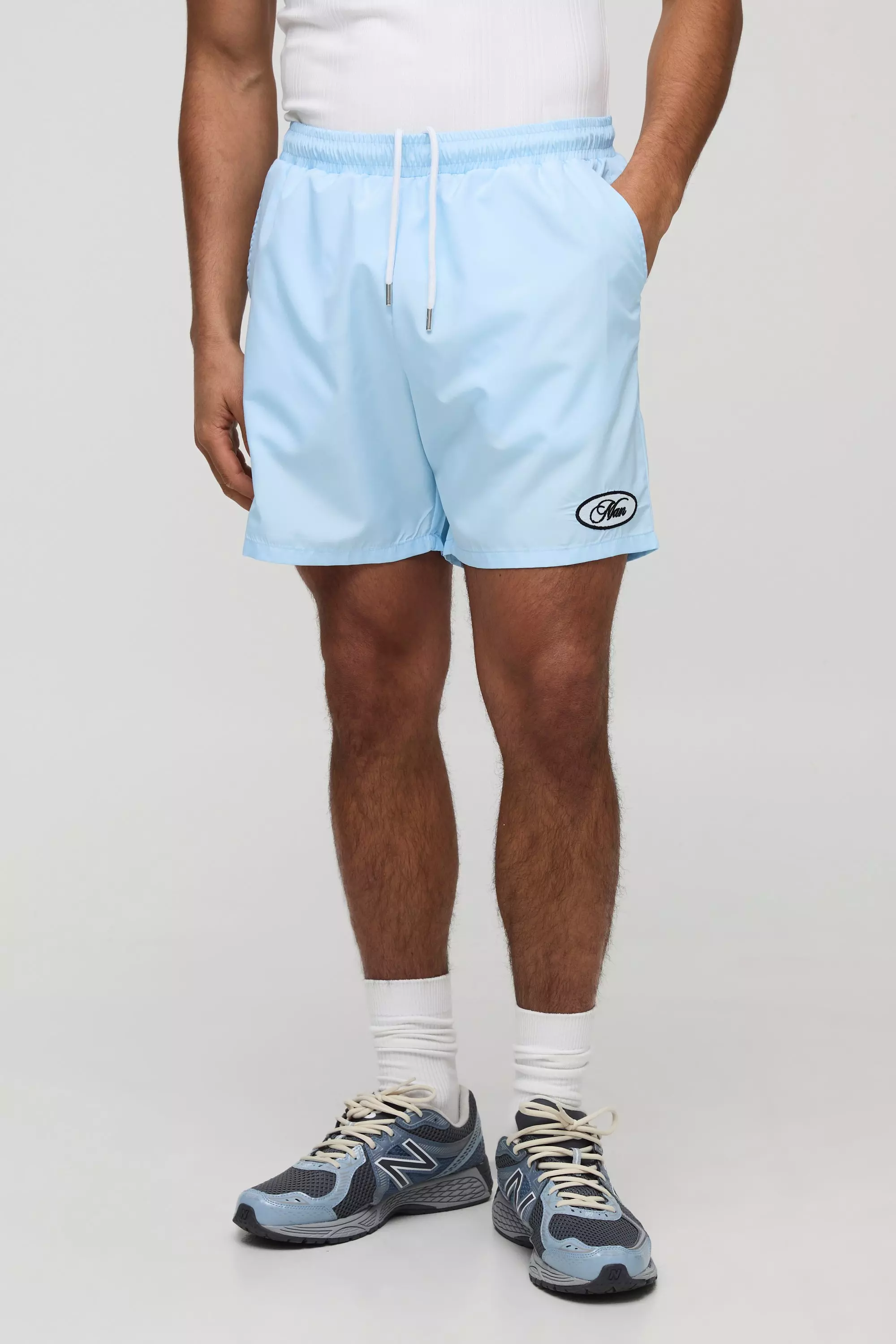 Blue Mid Length Embroidered Stripe Swim Short