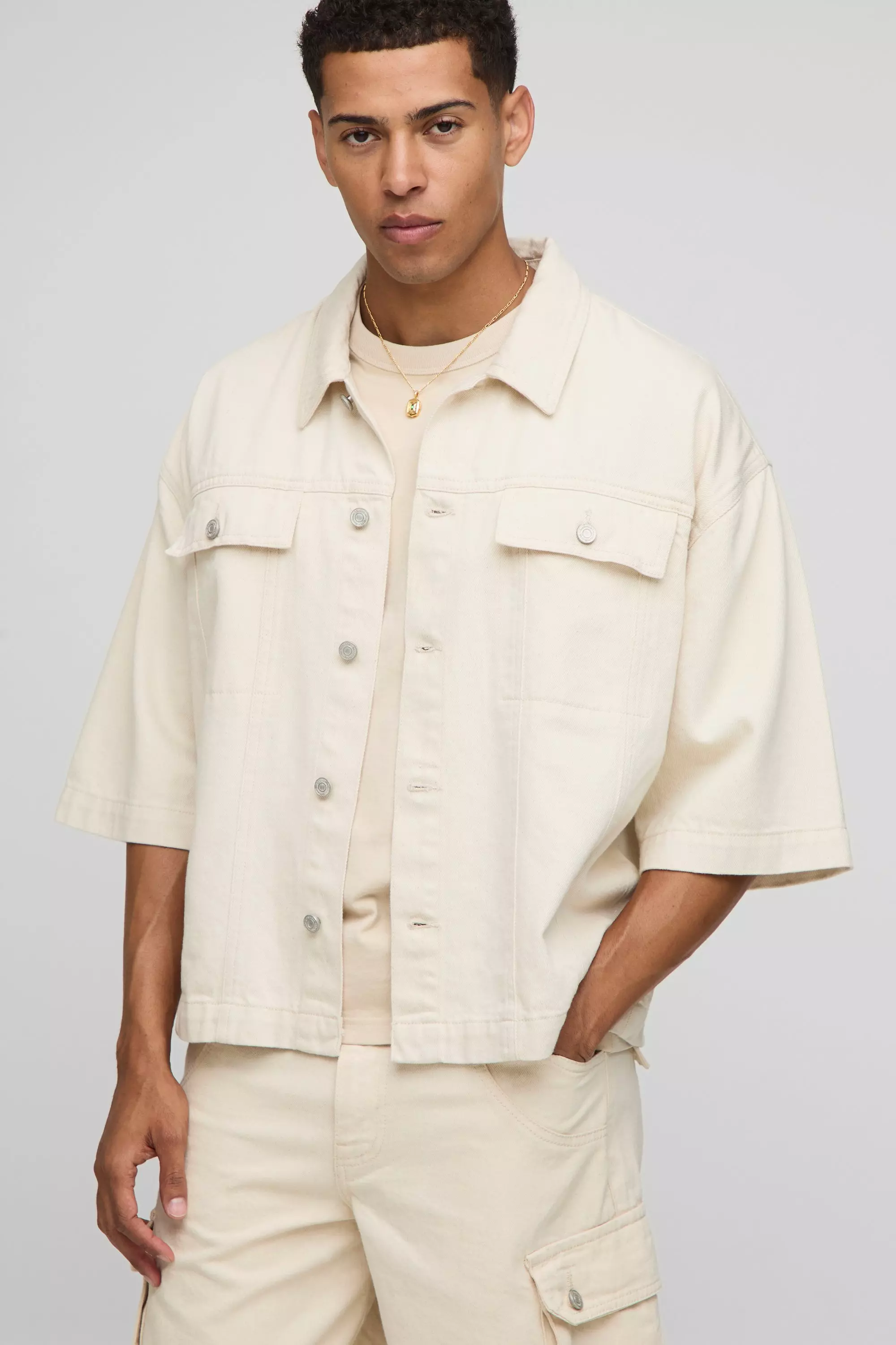 Boxy 3/4 Sleeve Ecru Panelled Denim Shirt | boohooMAN USA