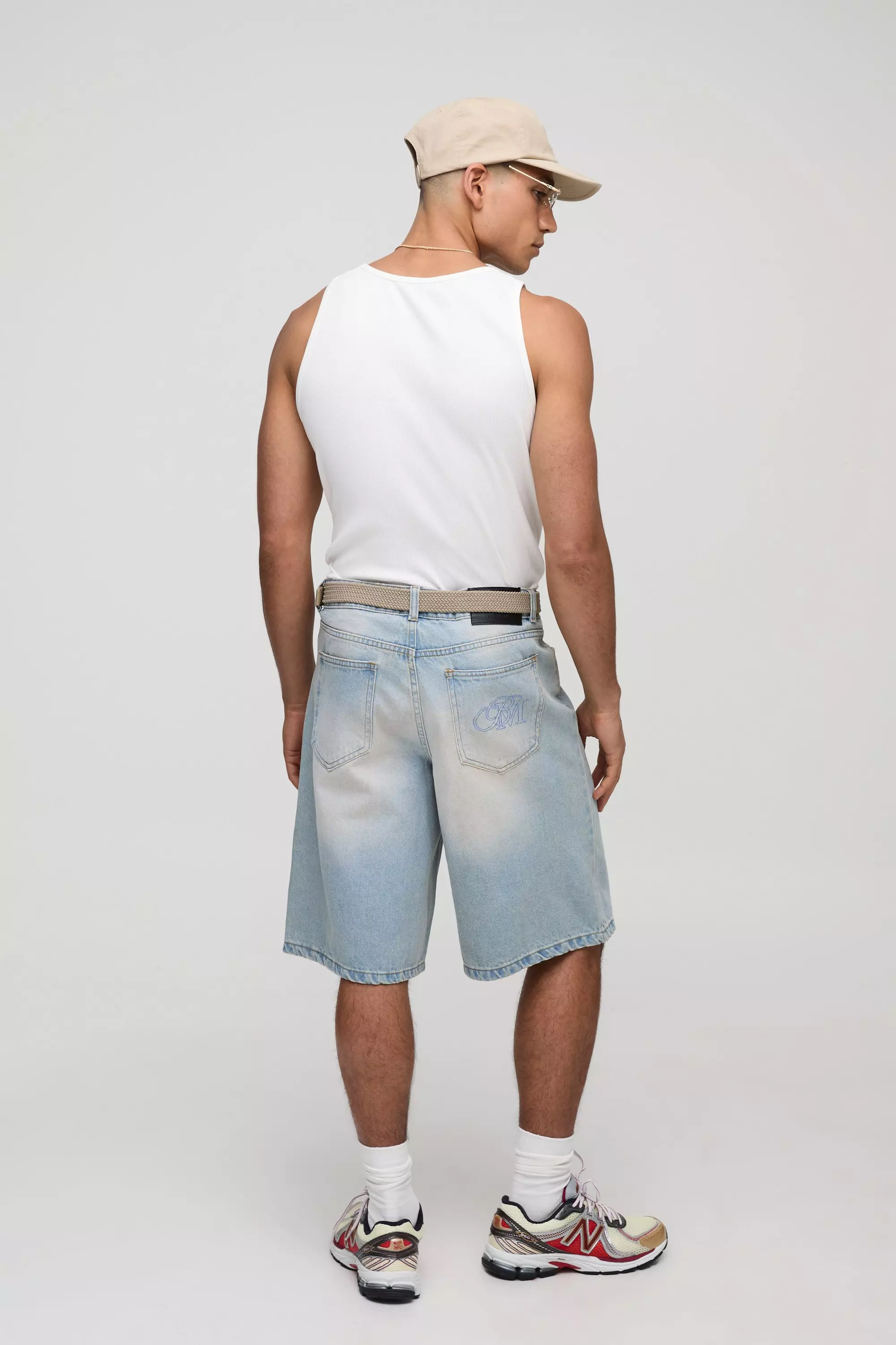 Sfera Regular Fit Stonewashed Embroidered Pocket Jorts | boohooMAN USA