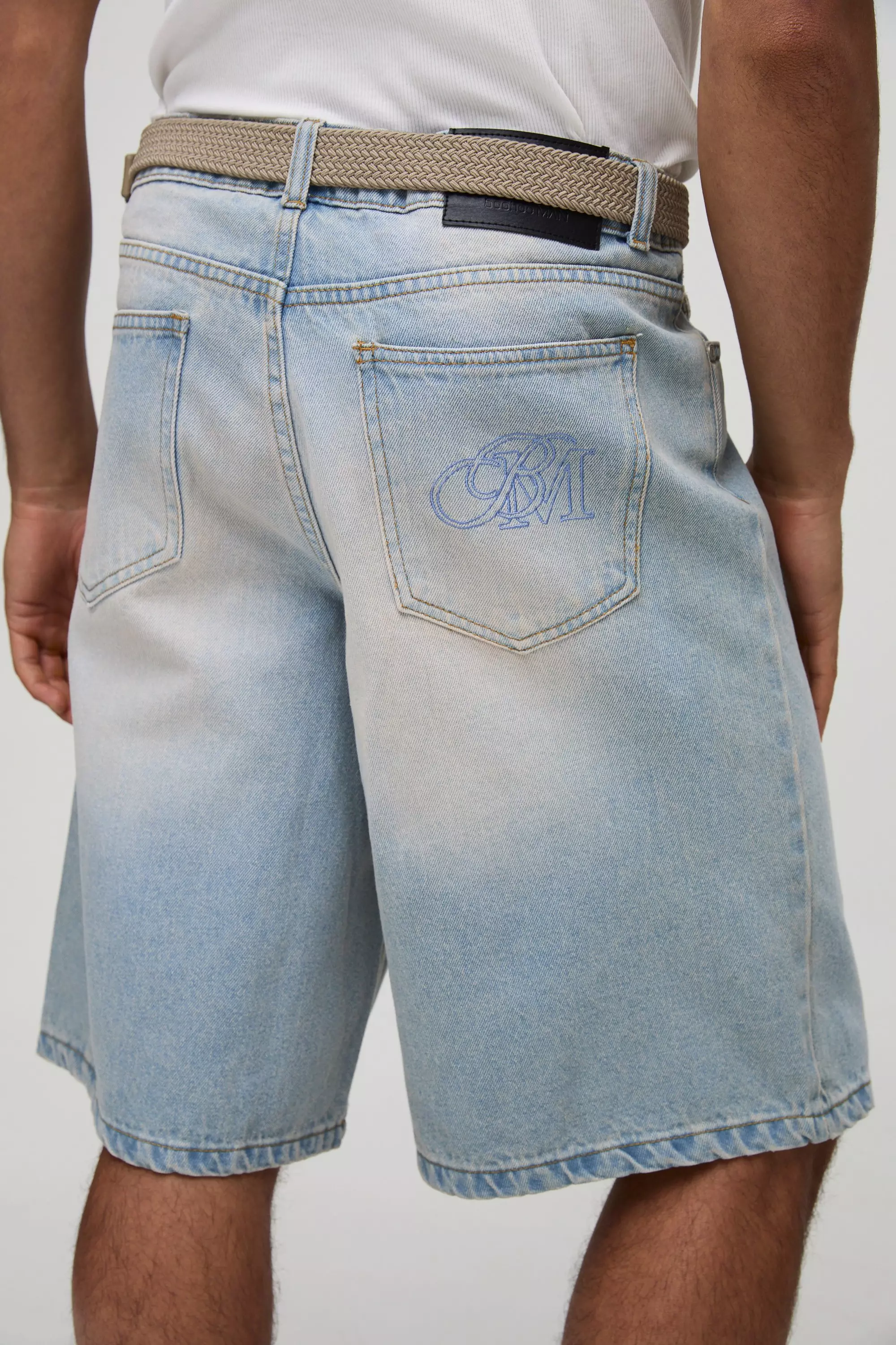 Sfera Regular Fit Stonewashed Embroidered Pocket Jorts | boohooMAN USA