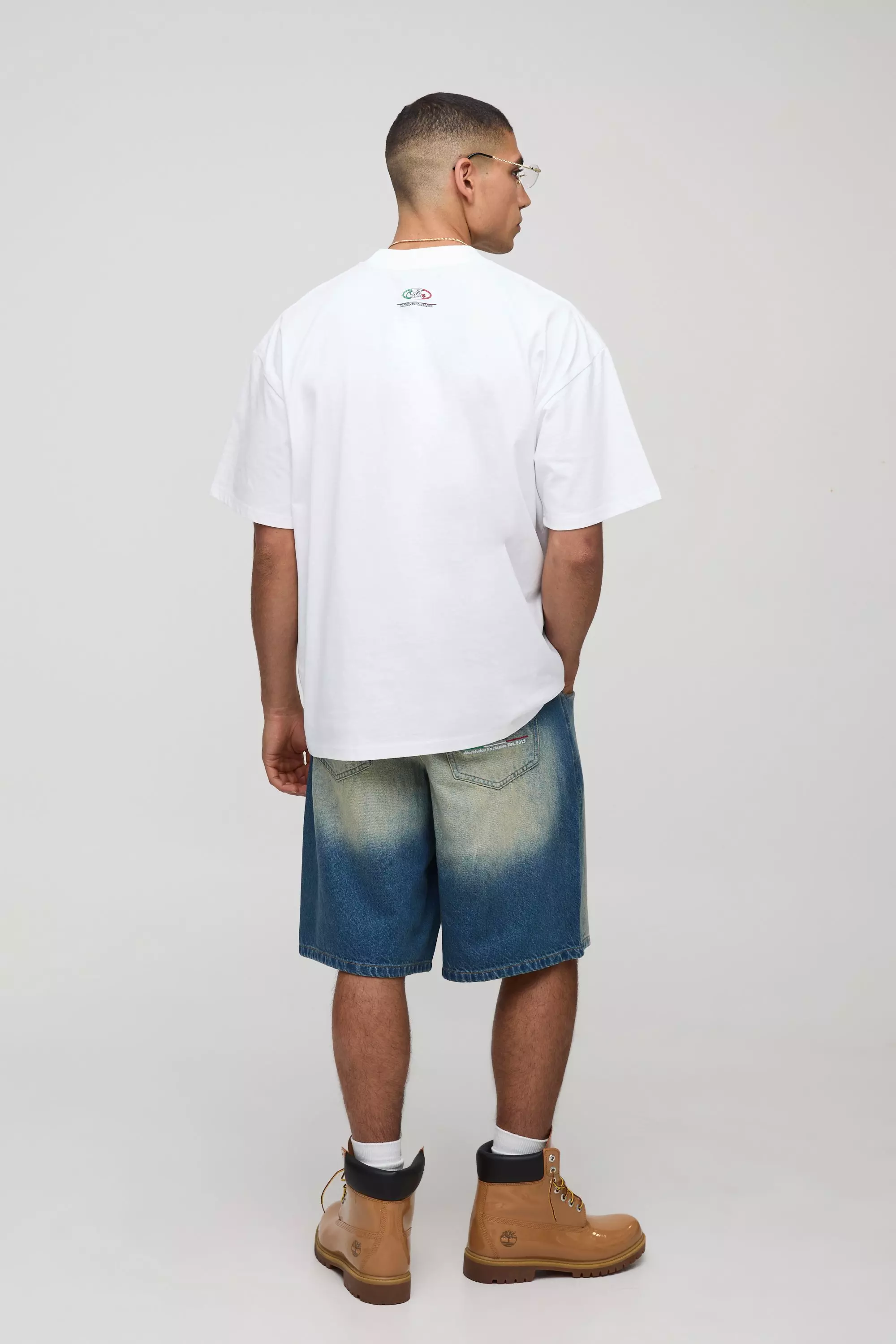 Sfera Regular Fit Panelled Embroidered Jorts | boohooMAN USA