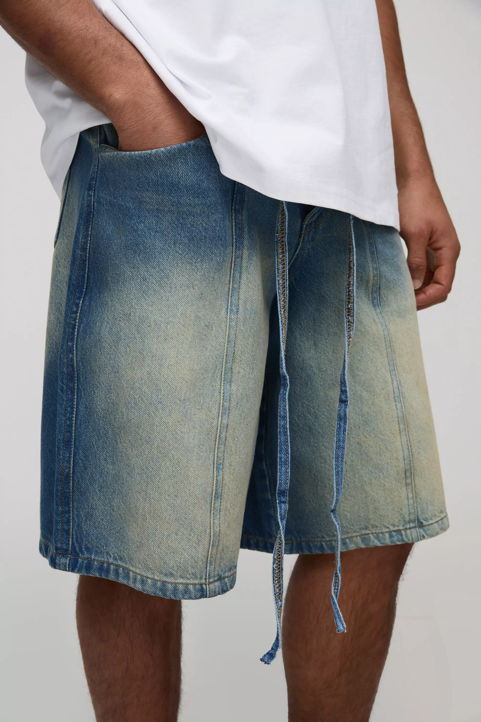 Sfera Regular Fit Panelled Embroidered Jorts | boohooMAN USA