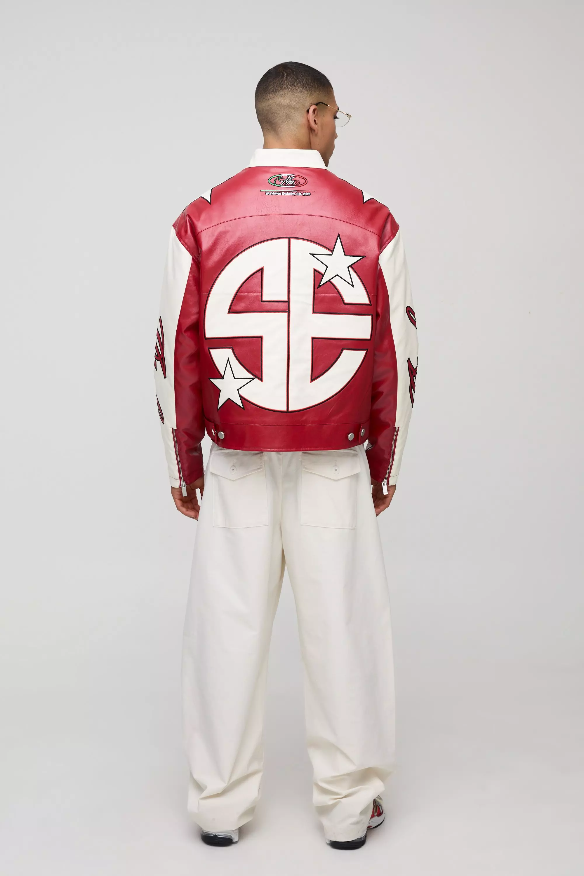 Sfera Boxy Varsity Applique PU Hemless Bomber | boohooMAN