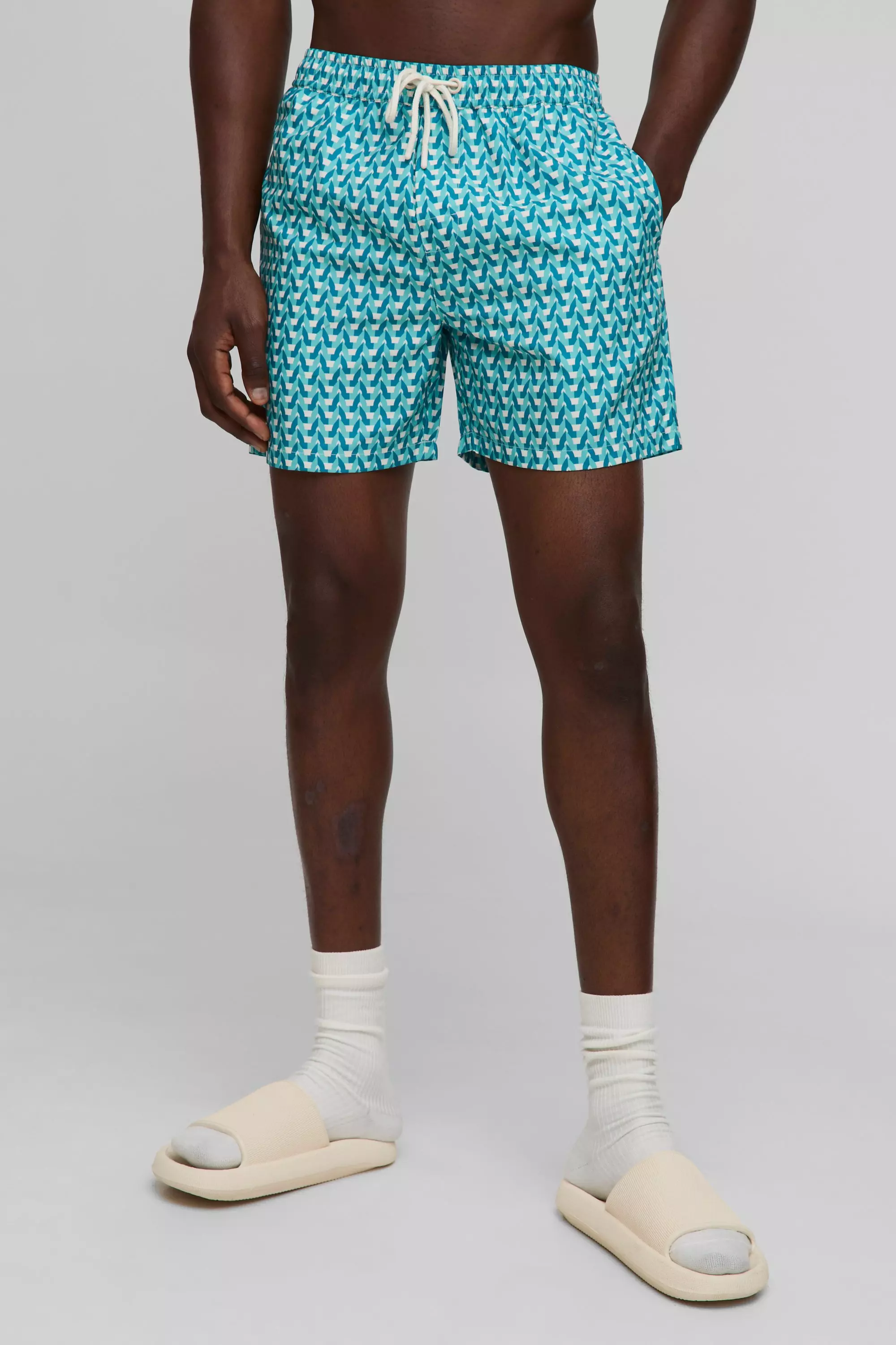 Mid Length Multi Geo Print Swim Shorts Teal