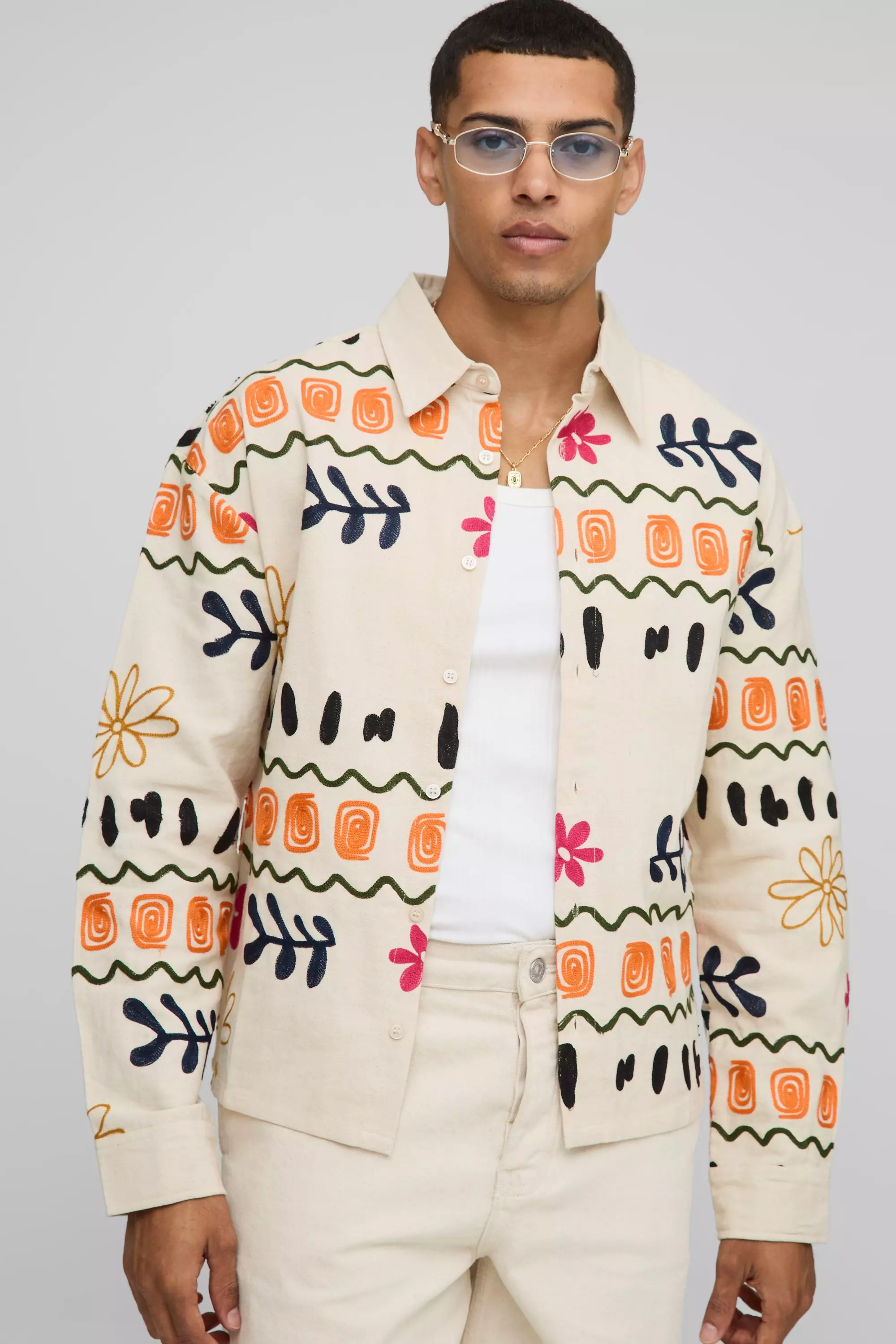 Regular Fit Open Weave Embroidery Overshirt Ecru