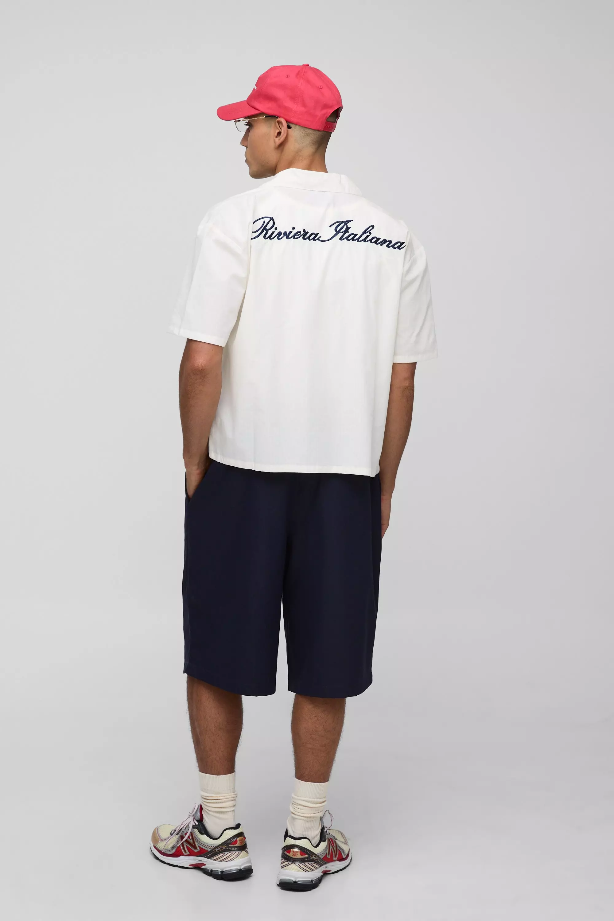 Sfera Oversized Boxy Stripe Riviera Italiana Embroidered Revere Shirt | boohooMAN USA