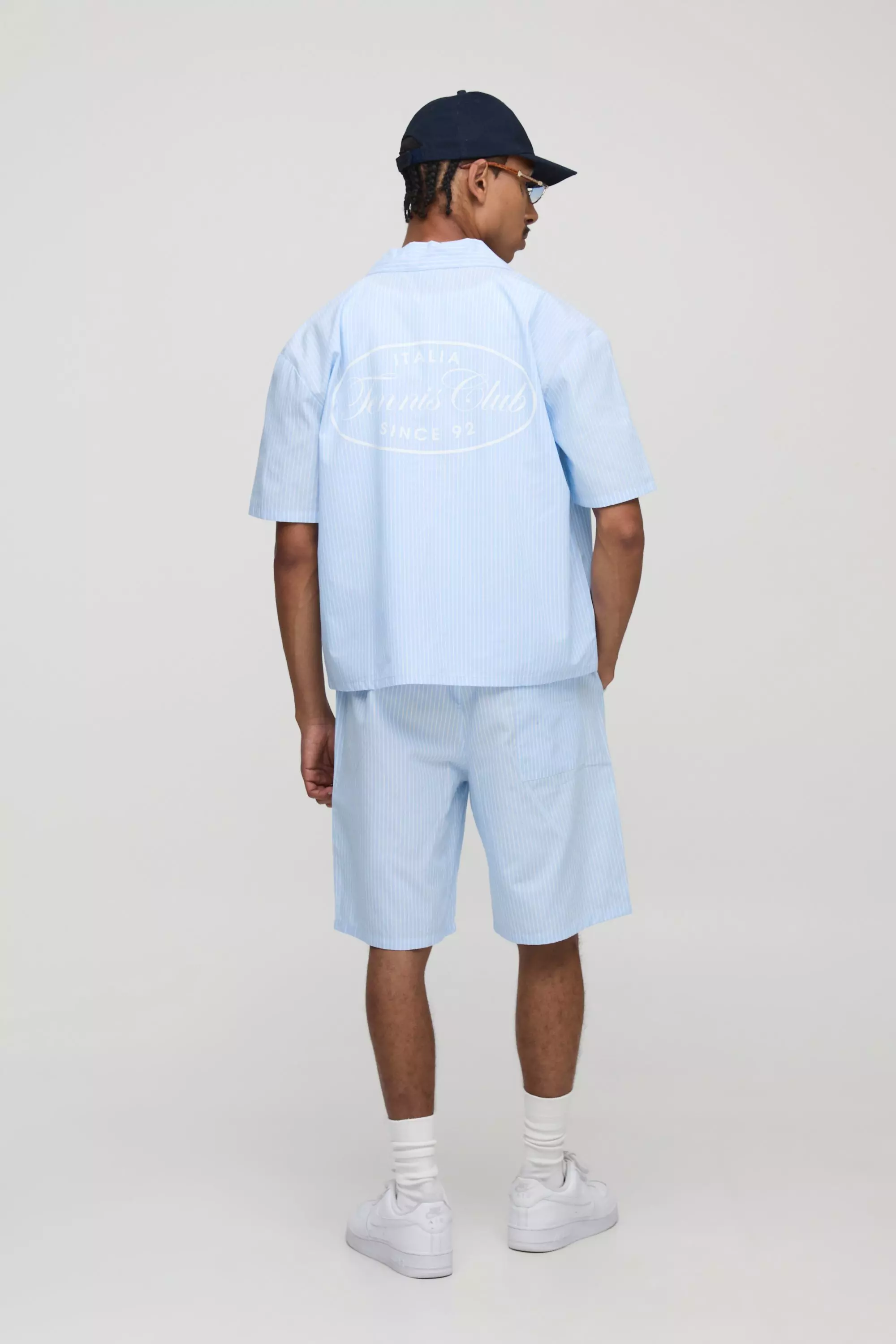 Sfera Oversized Boxy Stripe Tennis Club Print Revere Shirt and Short Set | boohooMAN USA
