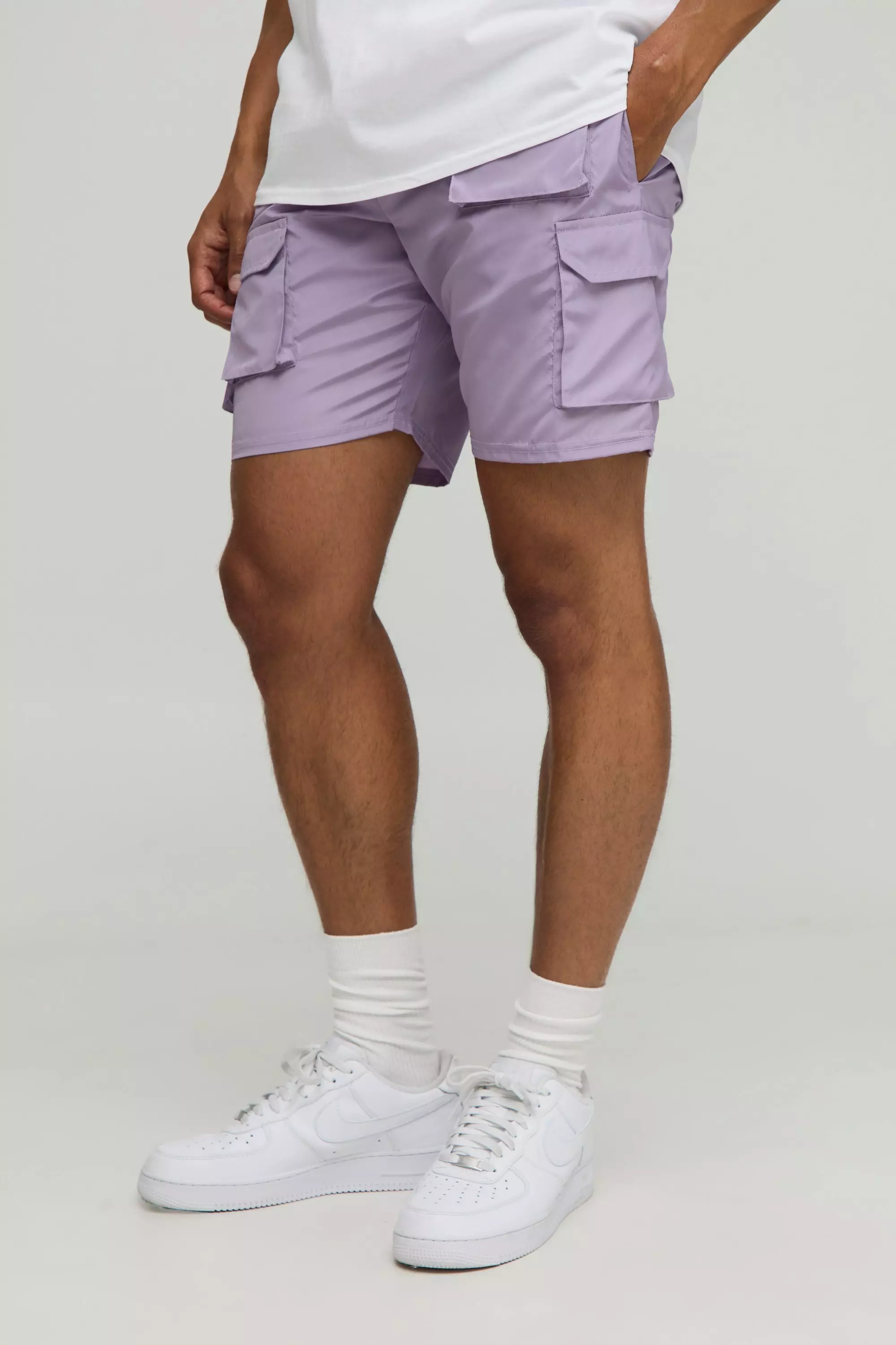 Elasticated Waist Slim Fit Shell Multi Cargo Shorts Lilac