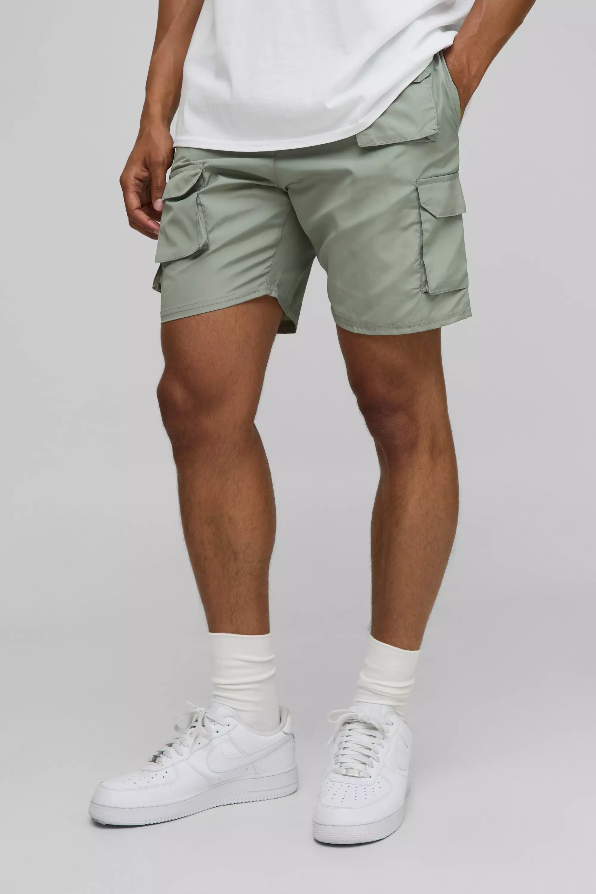Elasticated Waist Slim Fit Shell Multi Cargo Shorts Sage