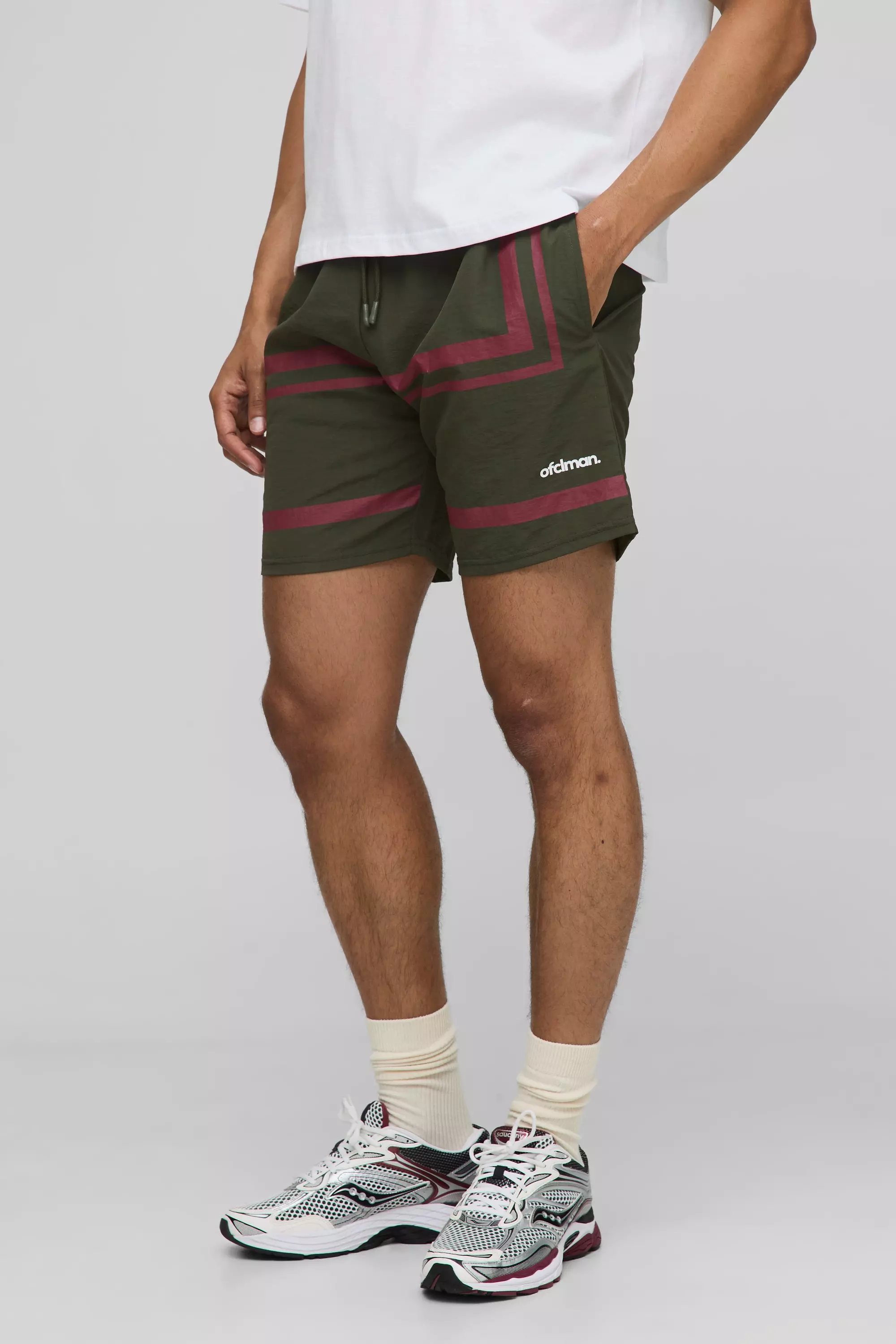 Elasticated Waist Relaxed Crinkle Nylon Striped Shorts Dark green