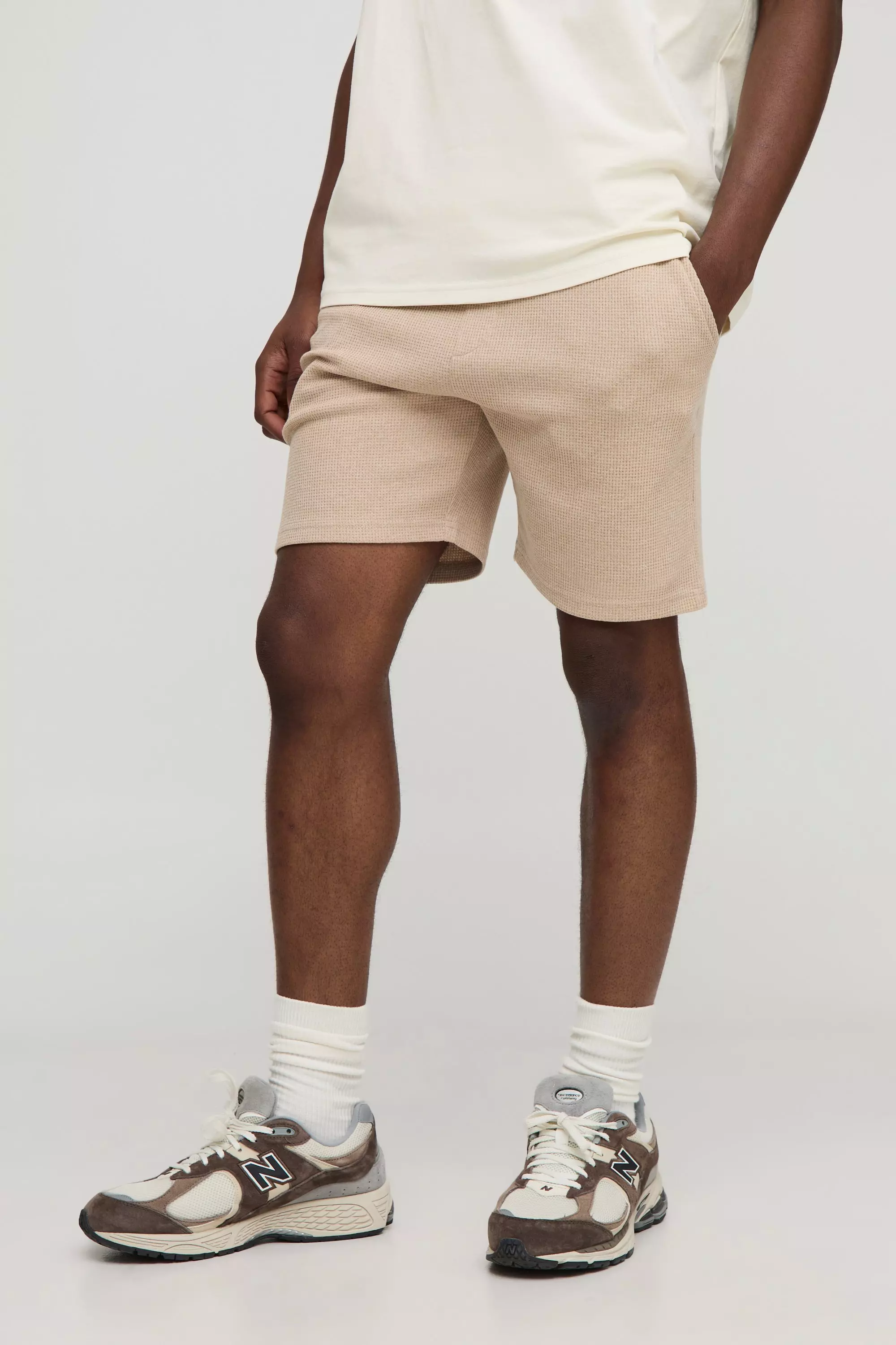 Elasticated Waist Slim Fit Waffle Shorts Taupe