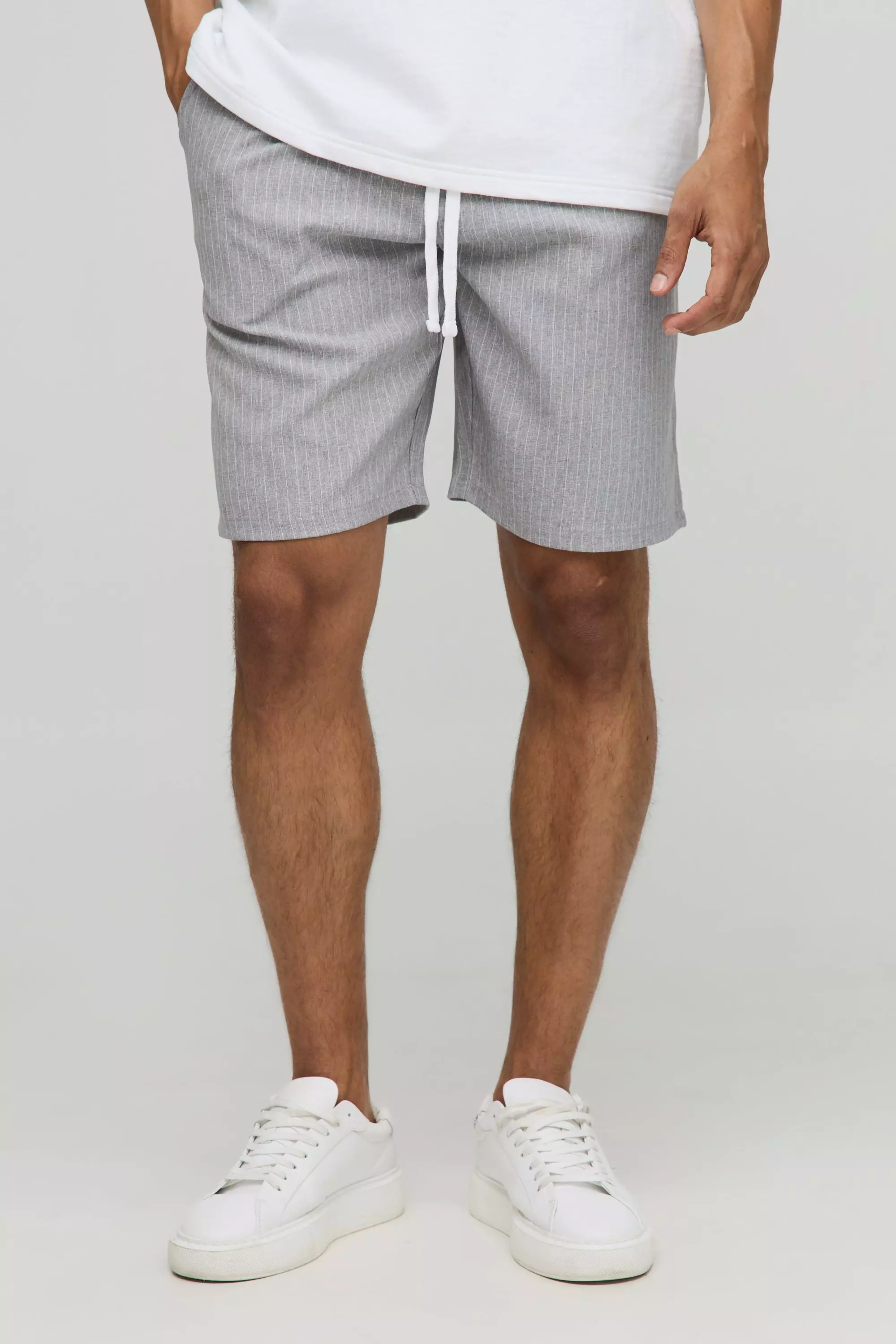 Elasticated Waist Baggy Fit Pinstripe Shorts Light grey