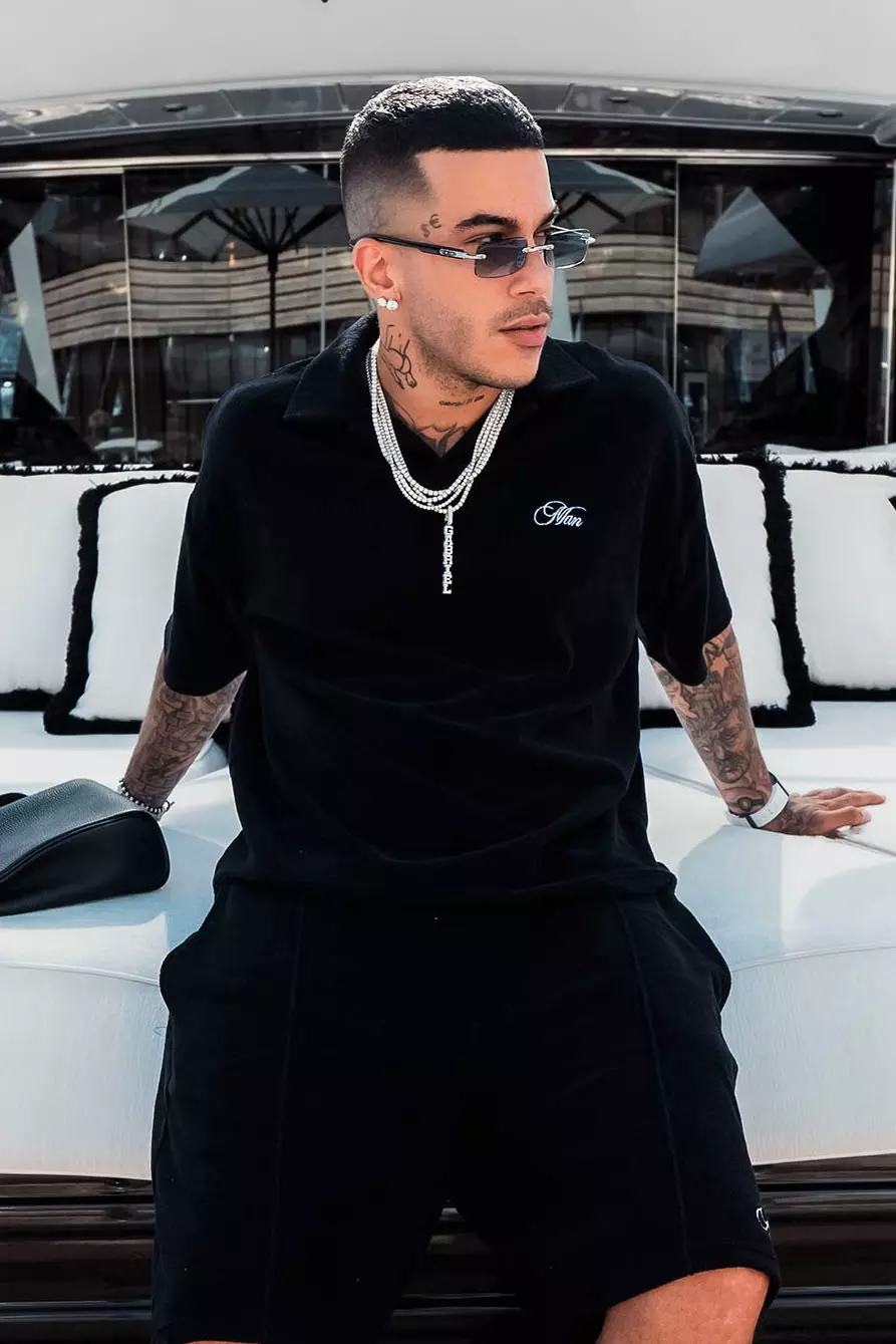 Sfera Black Oversized Revere Embroidered Towelling Polo | boohooMAN