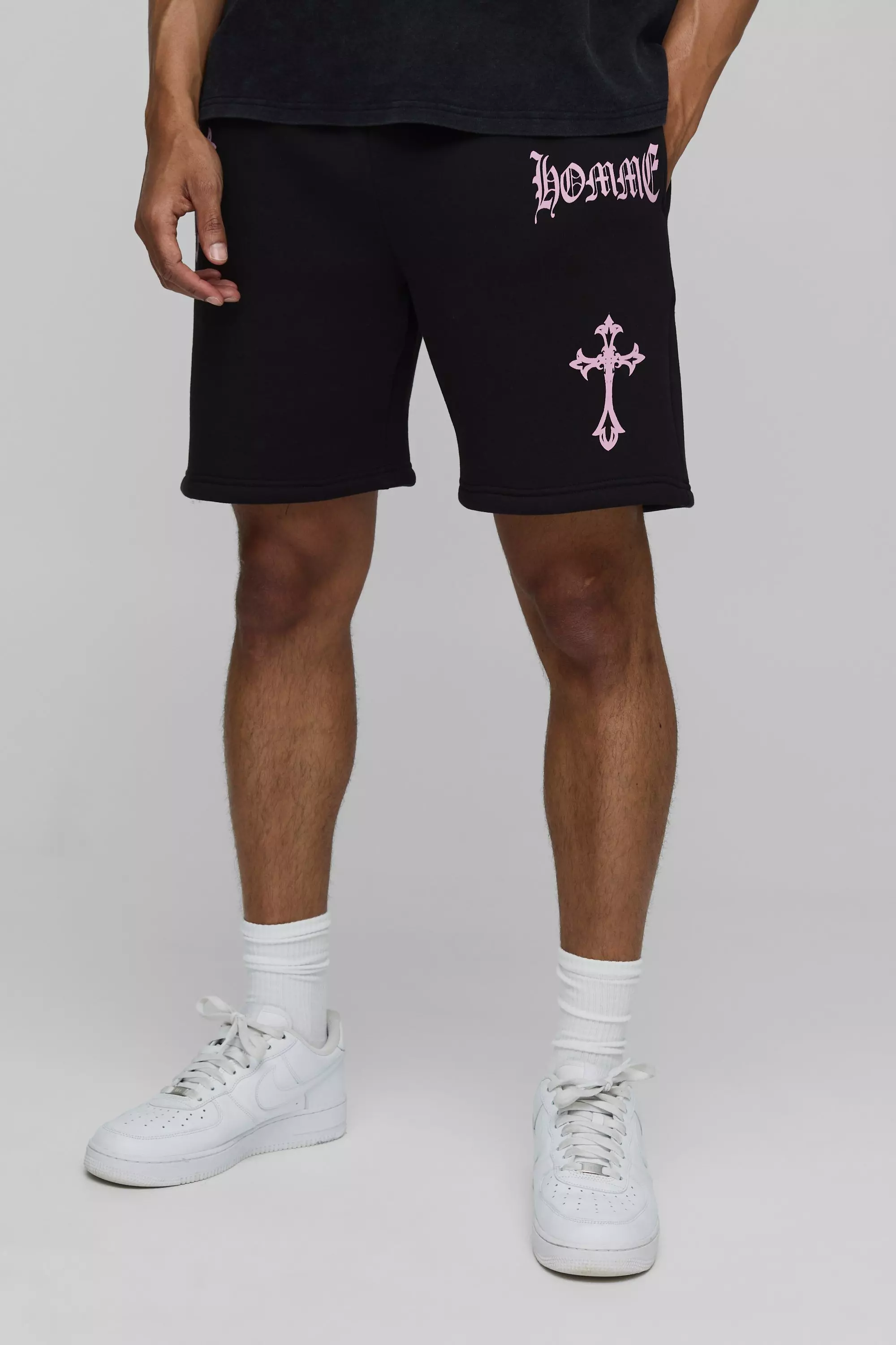 Relaxed Homme Cross Mid Length Shorts Black