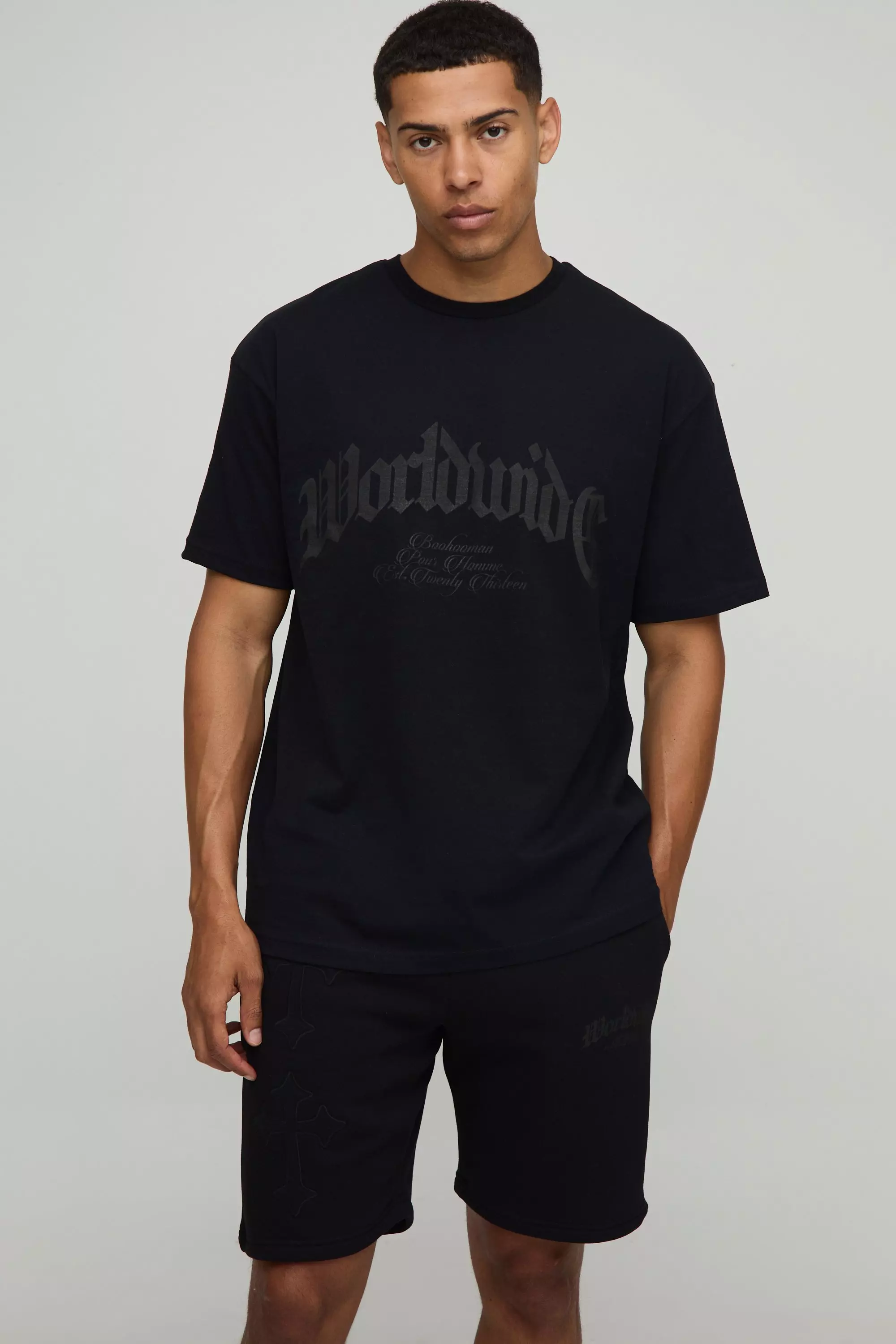 Oversized Cross Applique T-Shirt & Short Set Black