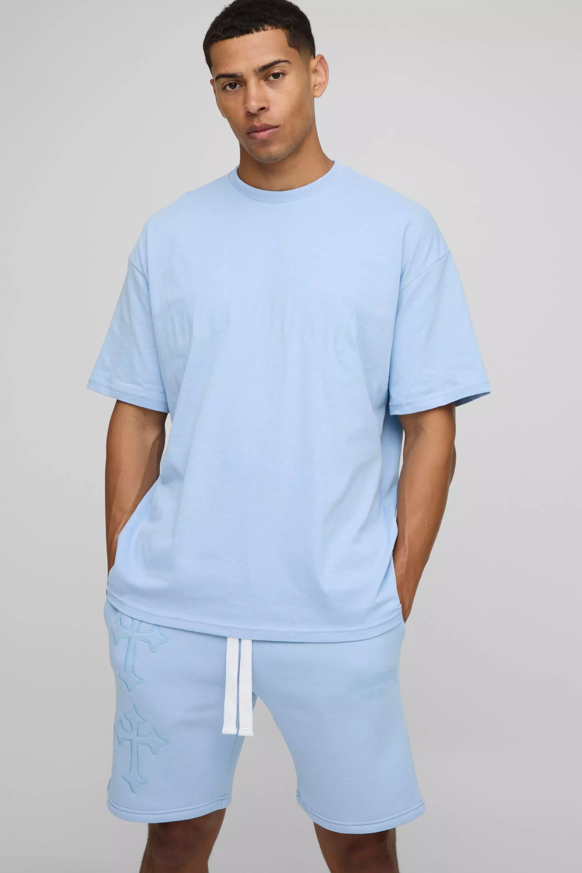 Oversized Cross Applique T-Shirt & Short Set Light blue