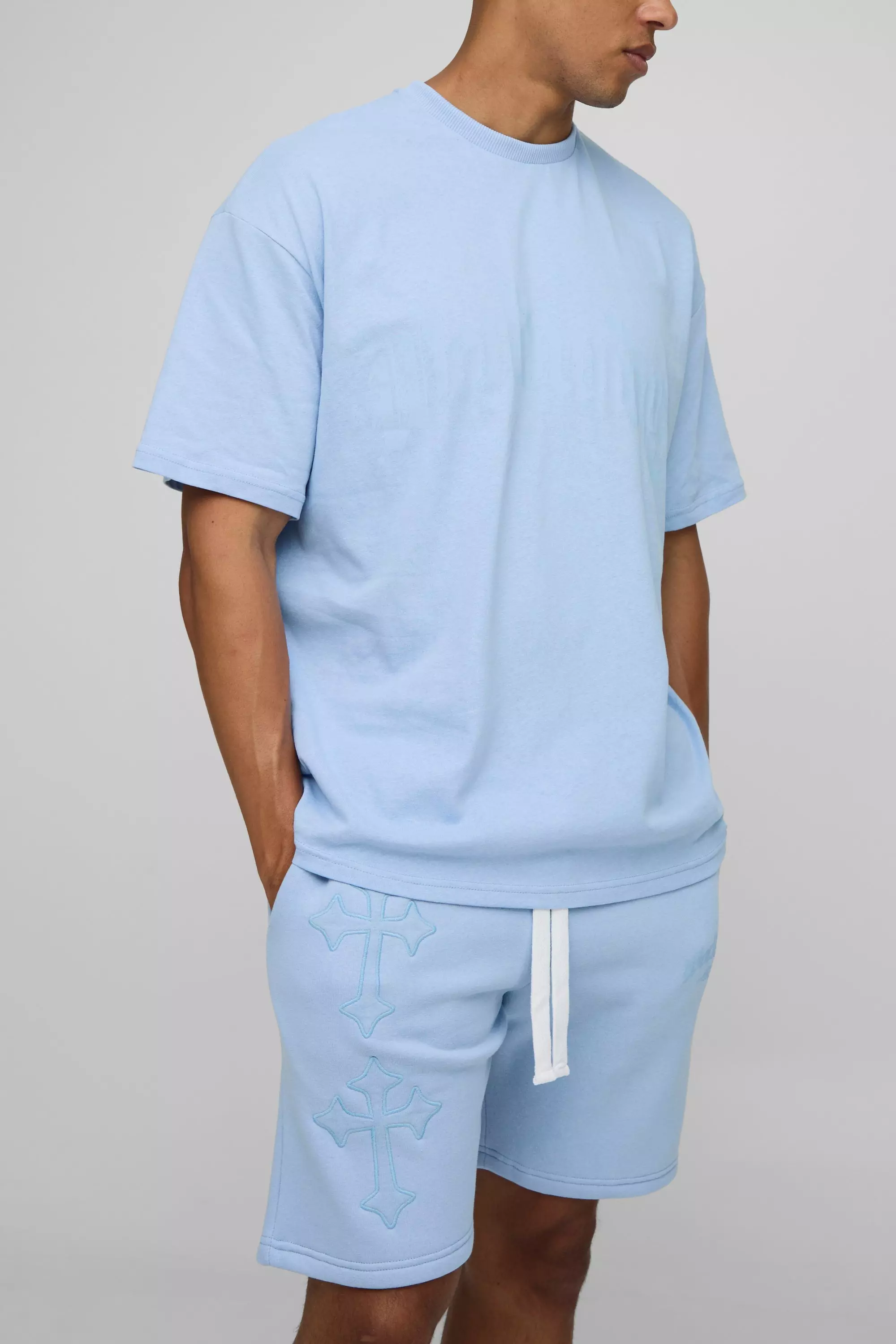 Oversized Cross Applique T-Shirt & Short Set | boohooMAN USA